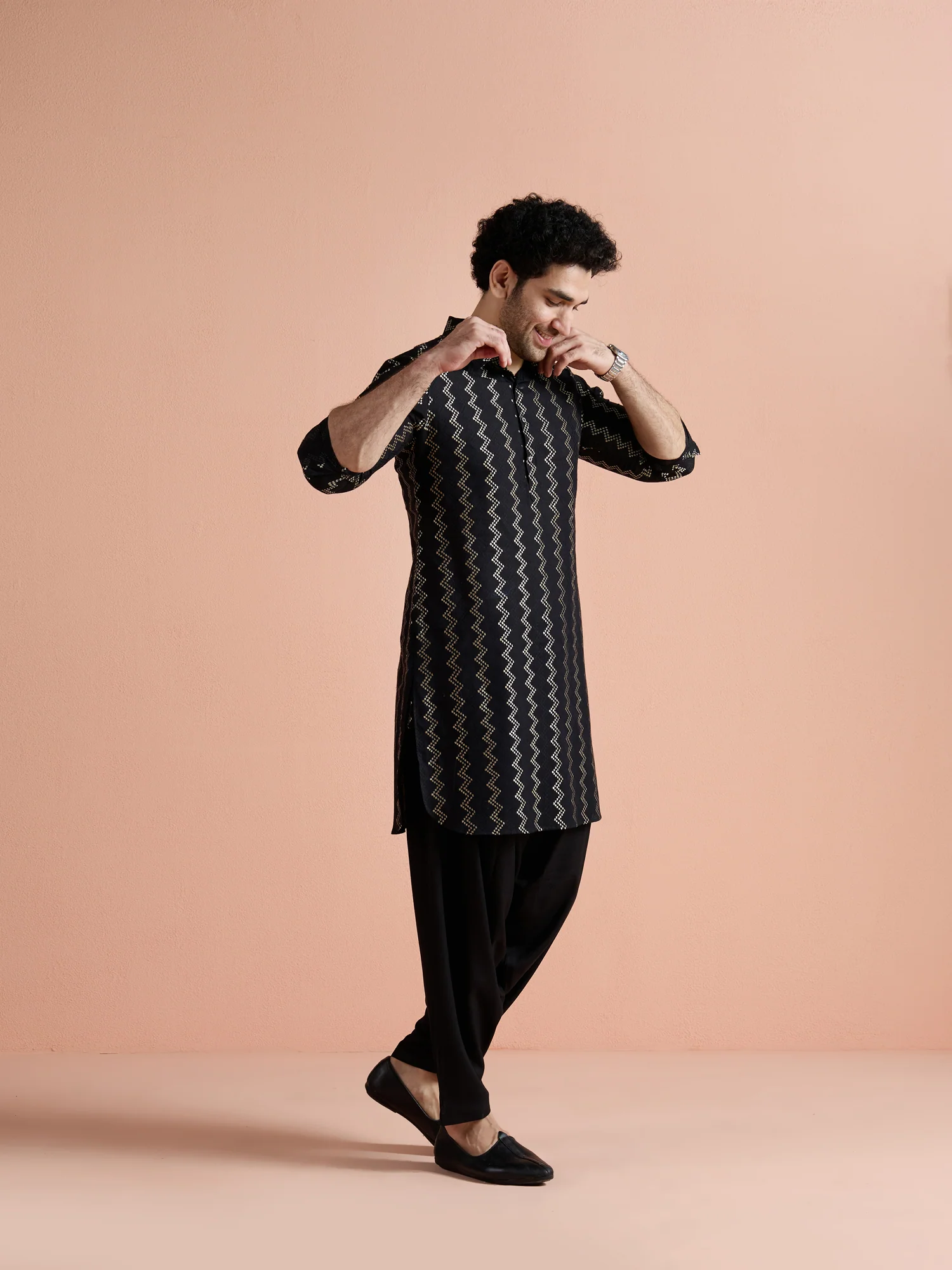 Black Cotton Jacquard Pathani Kurta Patiyala Set - Image 3