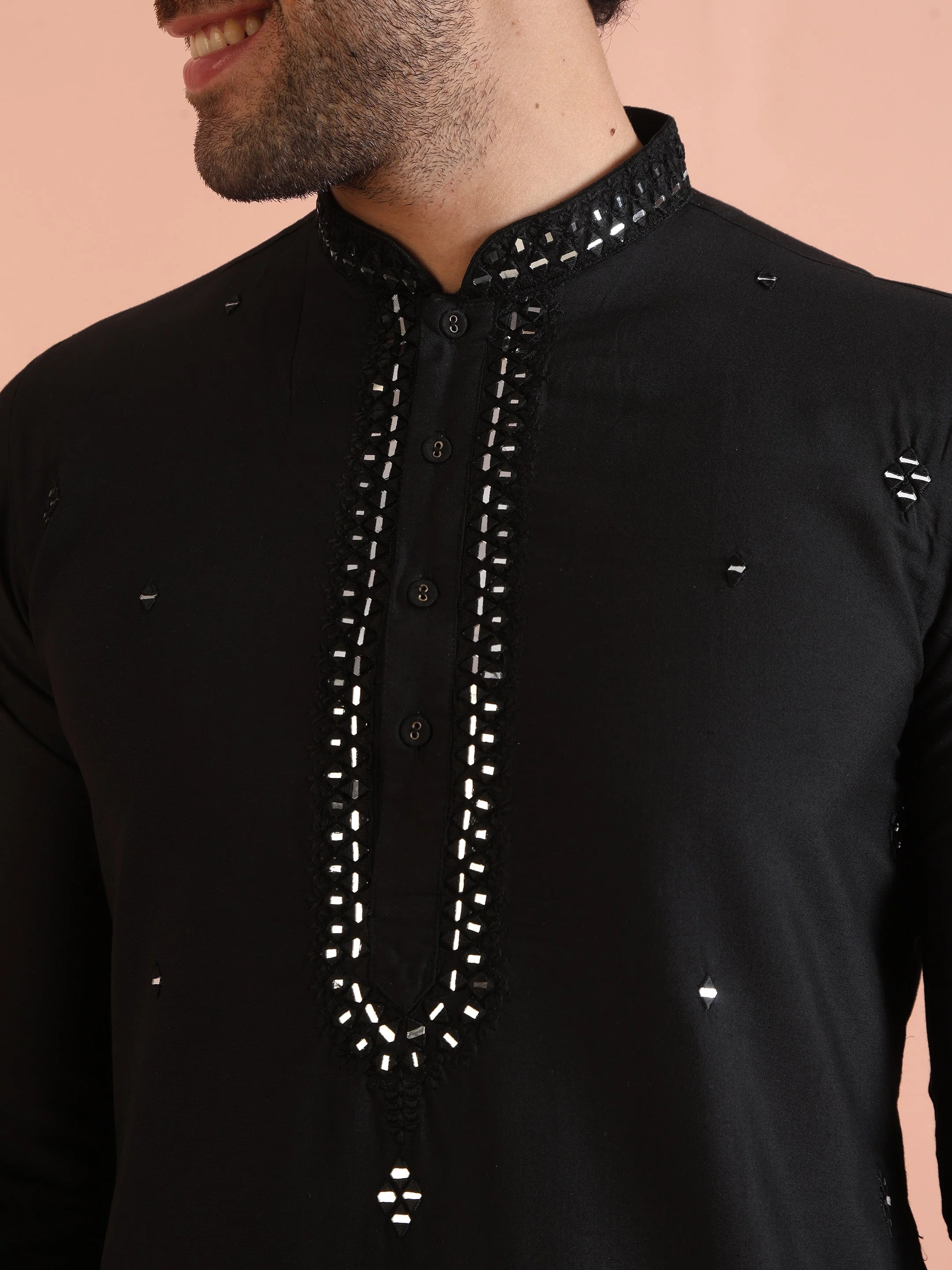 Black Cotton Mirror Work Kurta Trouser Set - Image 4