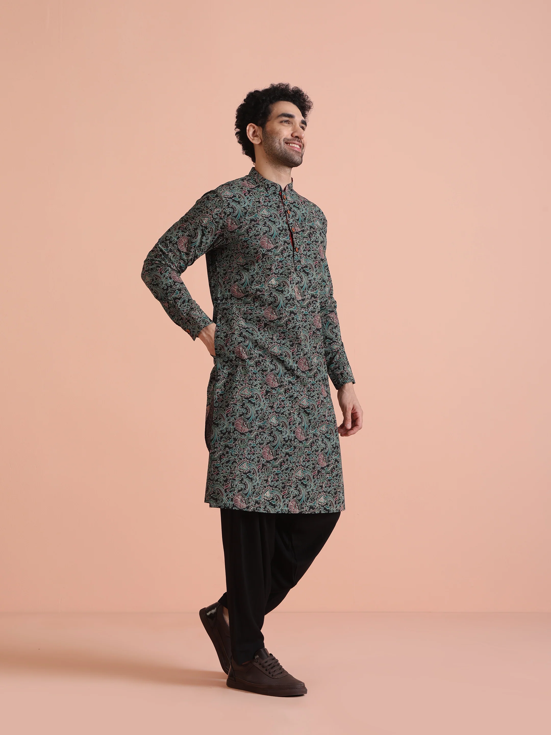 Black Cotton Printed Kurta Patiyala Set - Image 3