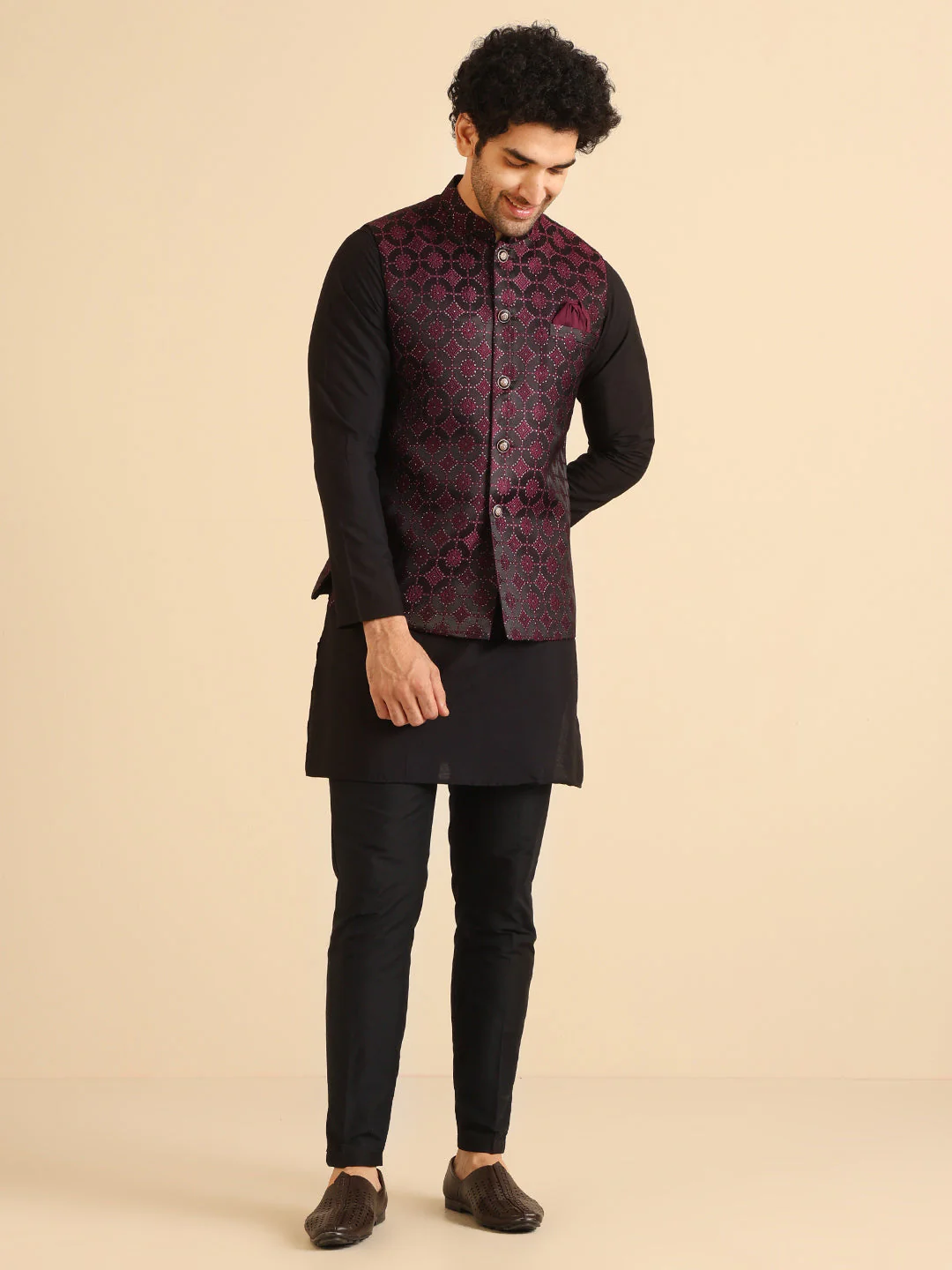 Black Cotton Silk Burgundy Textured Nehru Jacket Kurta Trouser