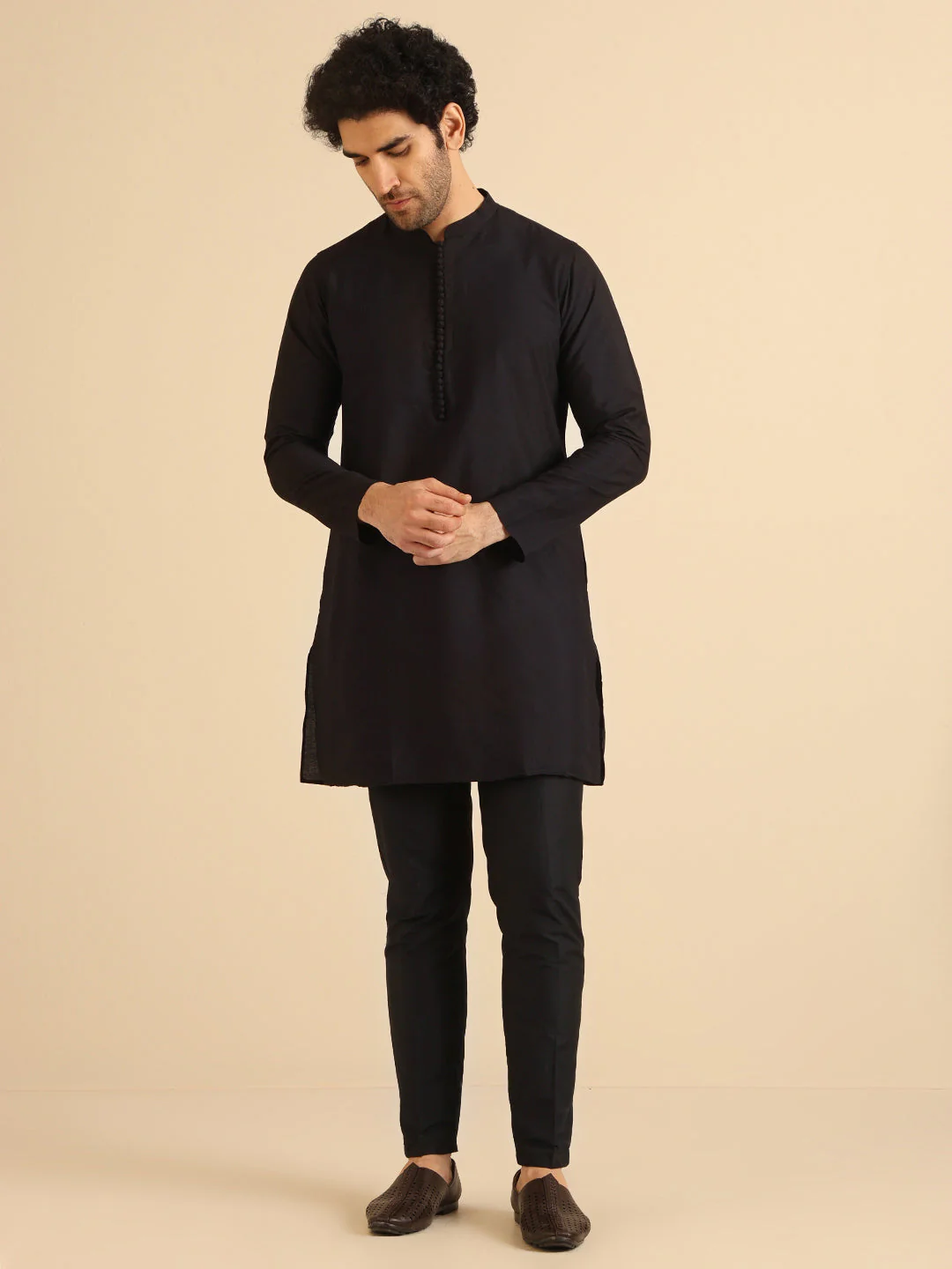 Black Cotton Silk Burgundy Textured Nehru Jacket Kurta Trouser - Image 5
