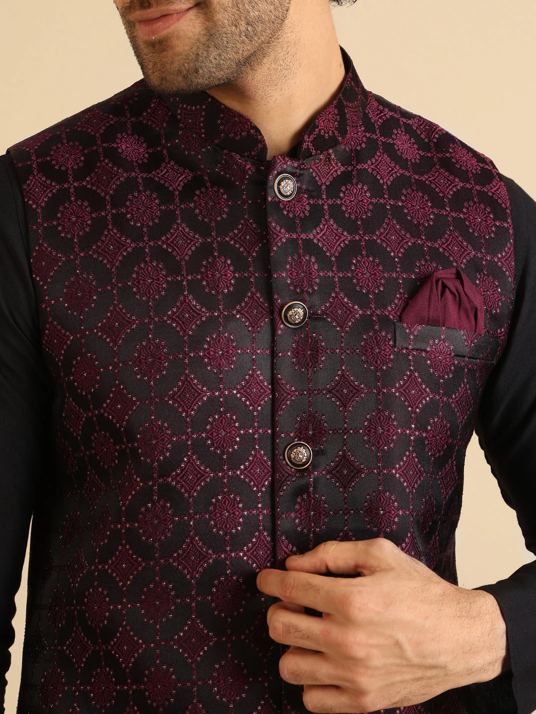 Black Cotton Silk Burgundy Textured Nehru Jacket Kurta Trouser - Image 6