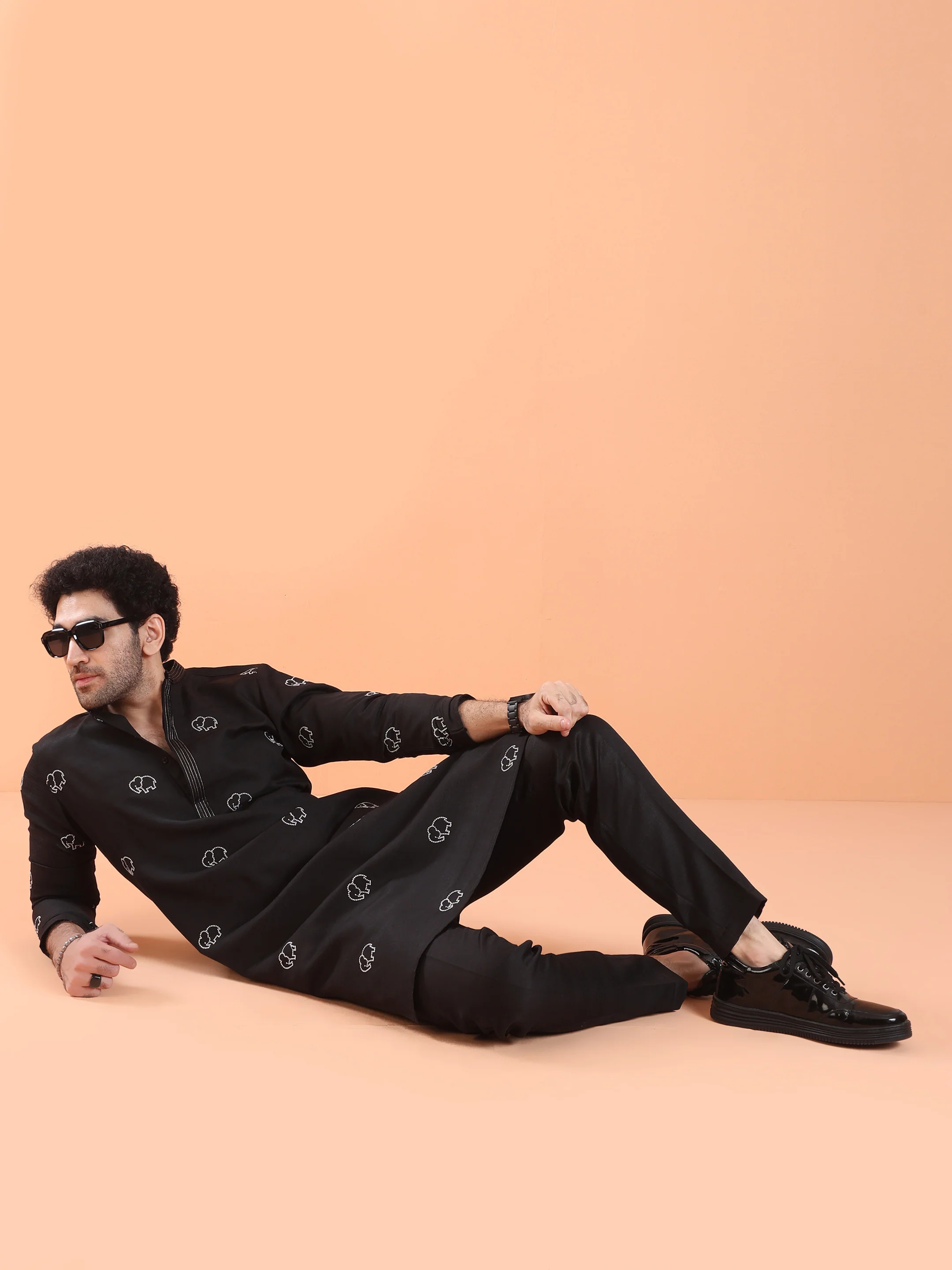 Black Cotton Silk Embroidered Kurta - Image 7