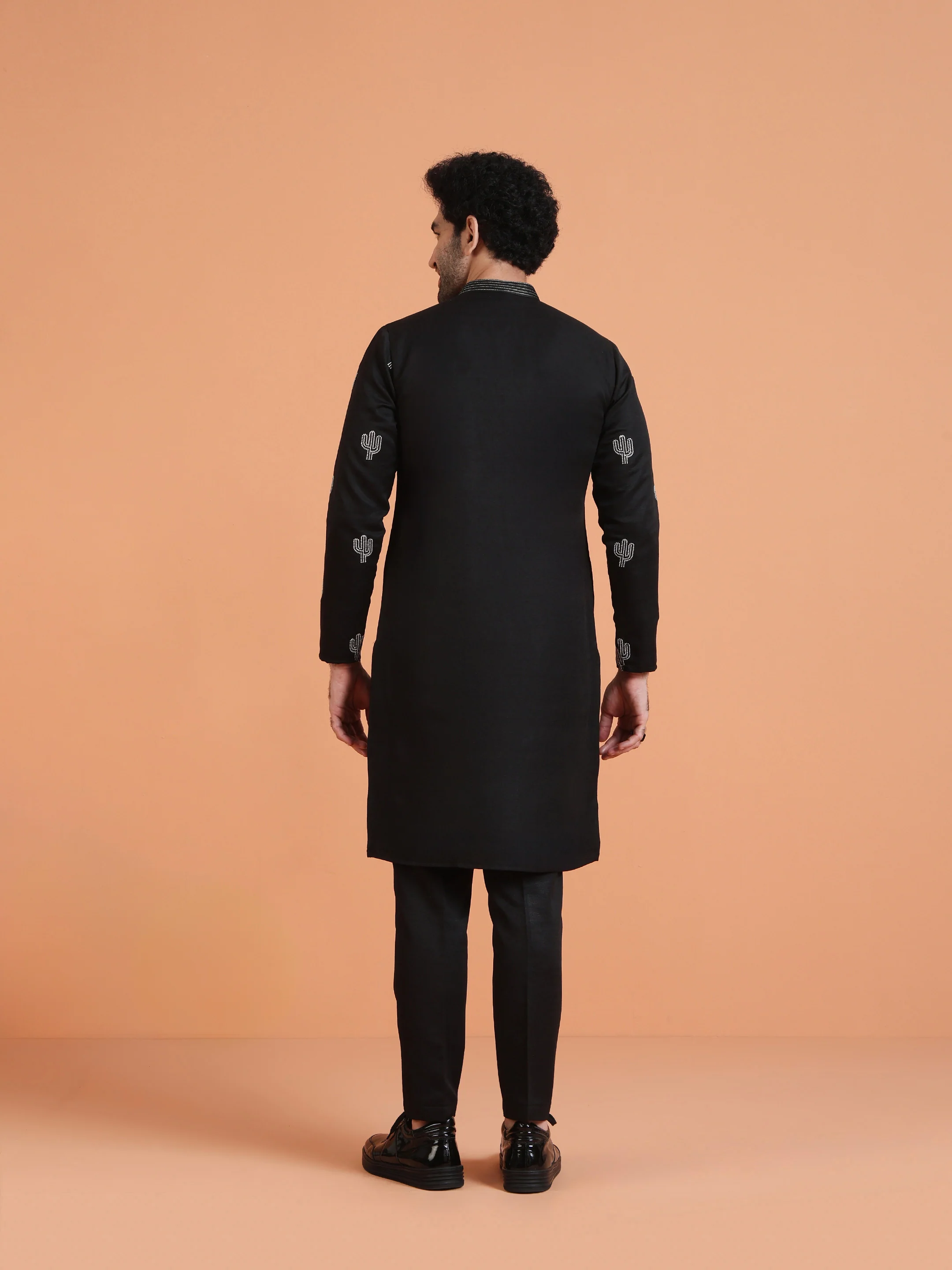 Black Cotton Silk Embroidered Kurta - Image 4