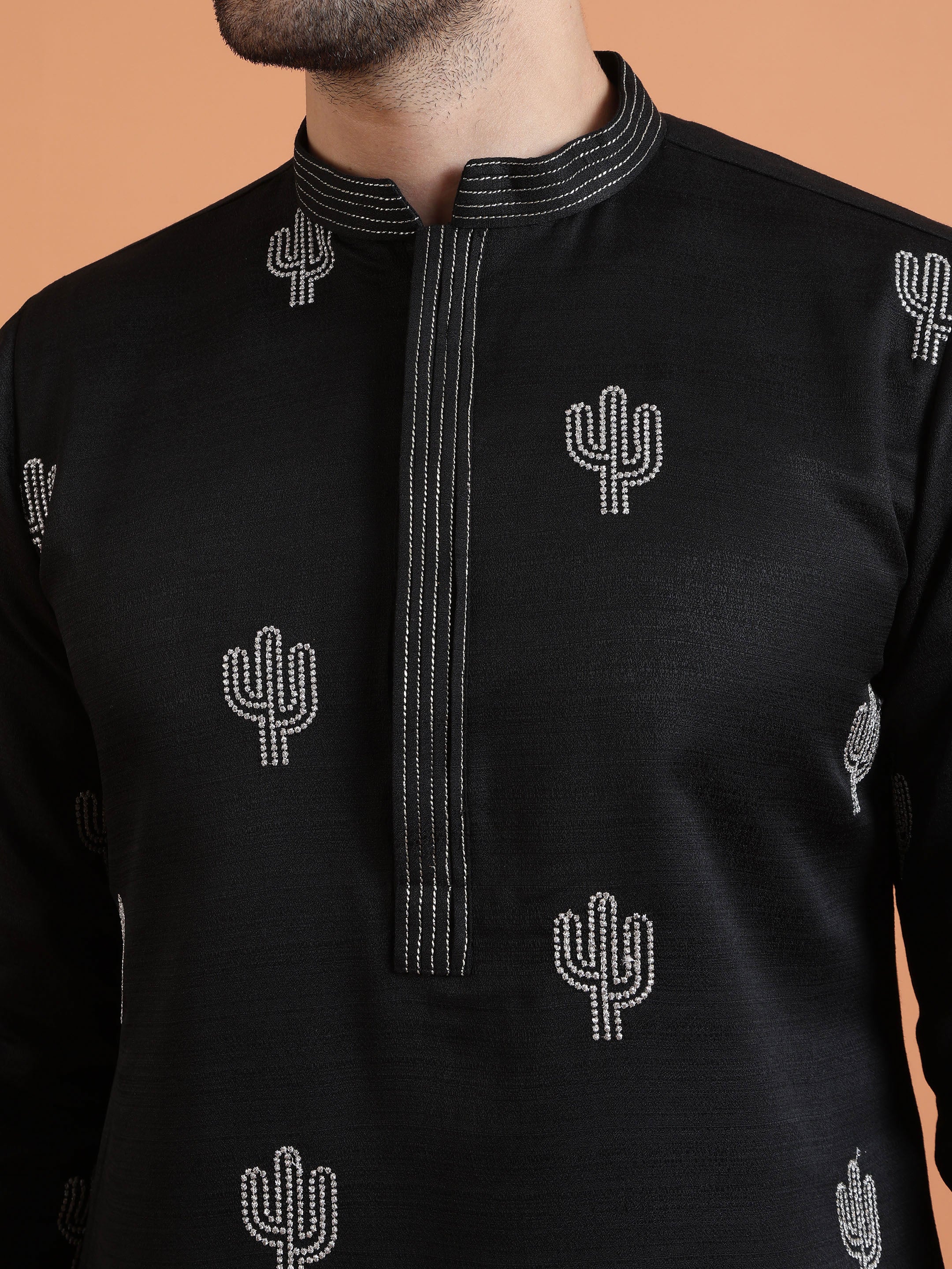 Black Cotton Silk Embroidered Kurta - Image 5