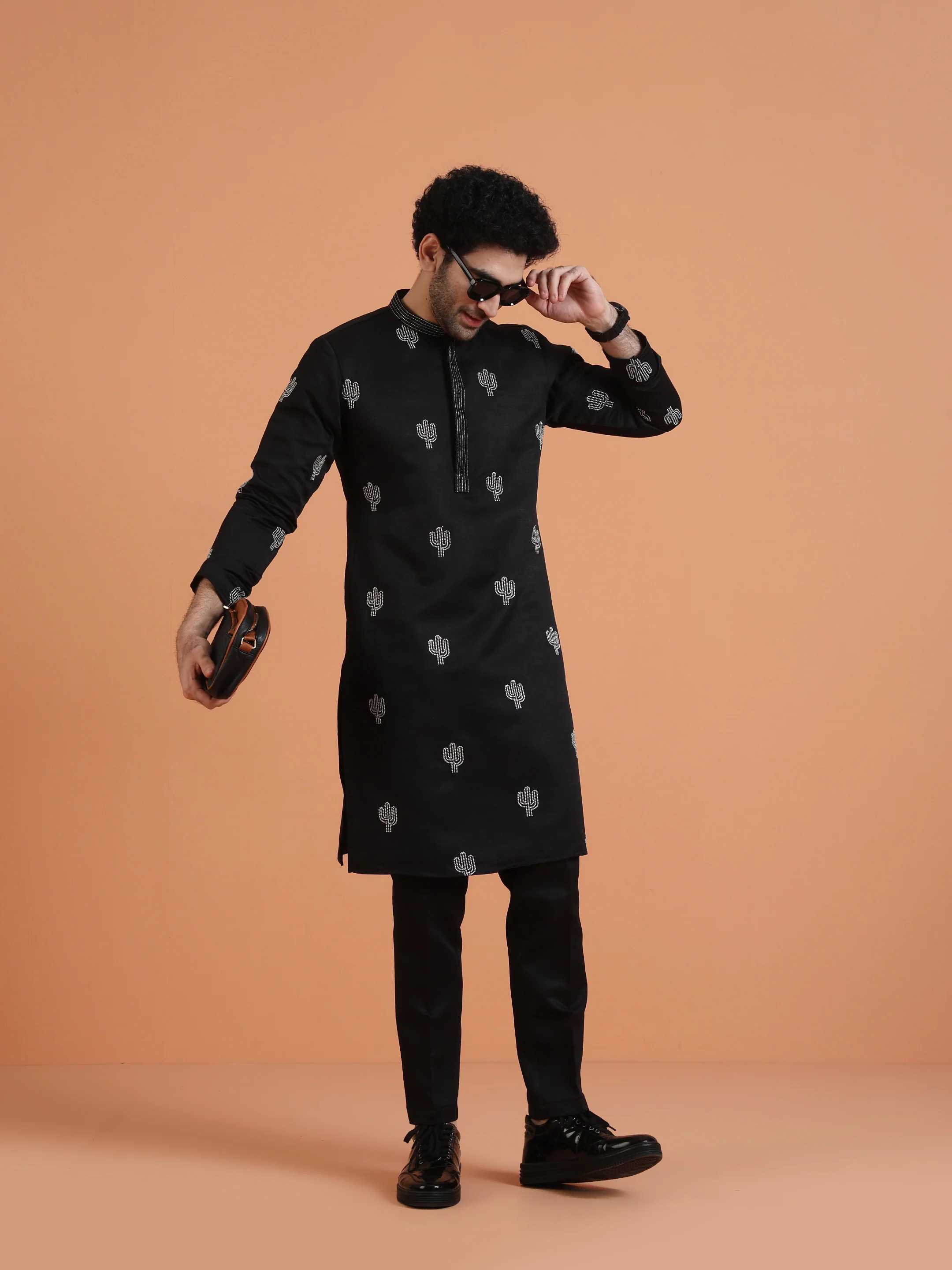 Black Cotton Silk Embroidered Kurta - Image 8