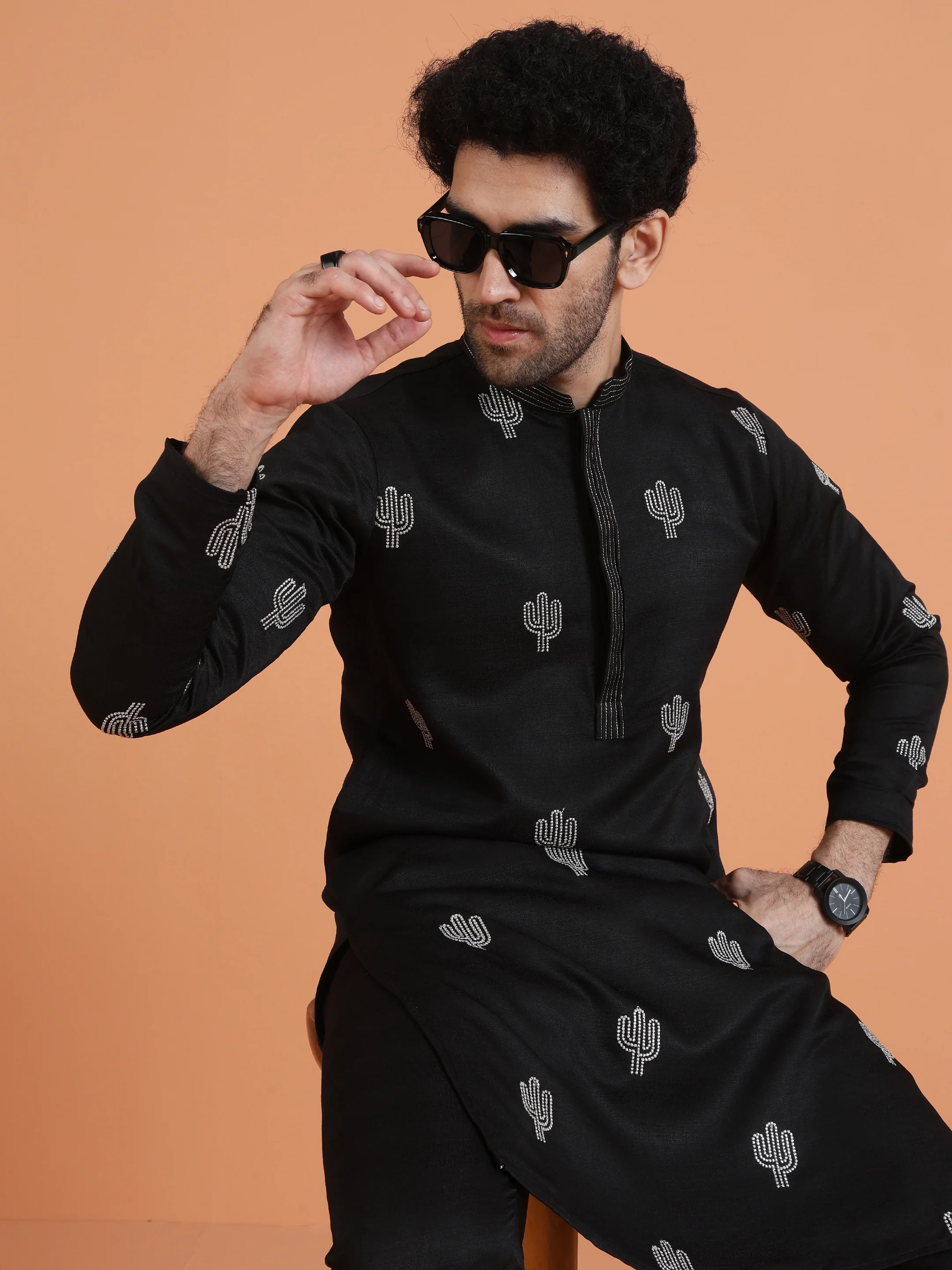 Black Cotton Silk Embroidered Kurta - Image 9