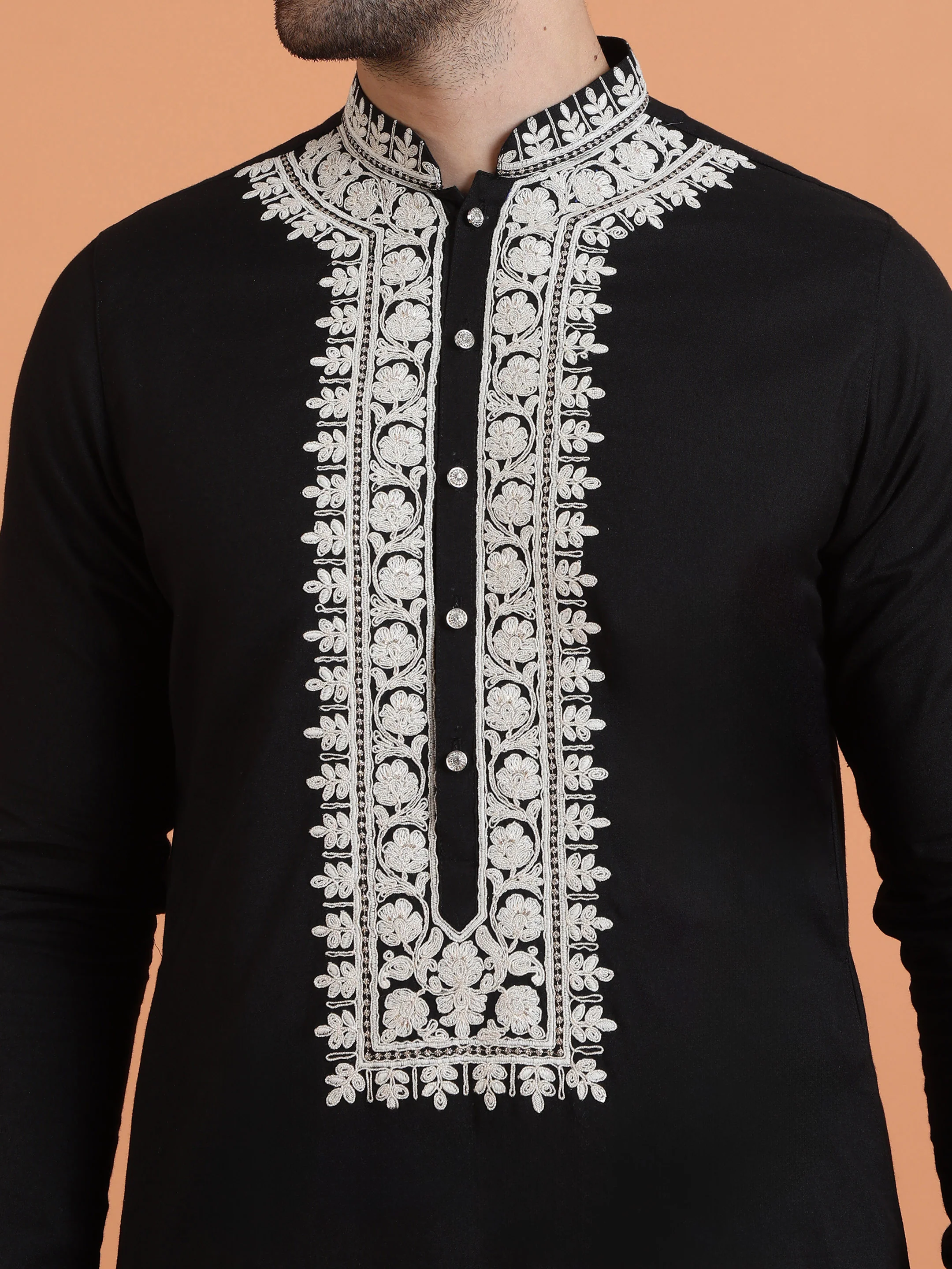 Black Cotton Silk Embroidered Mid Kurta - Image 5