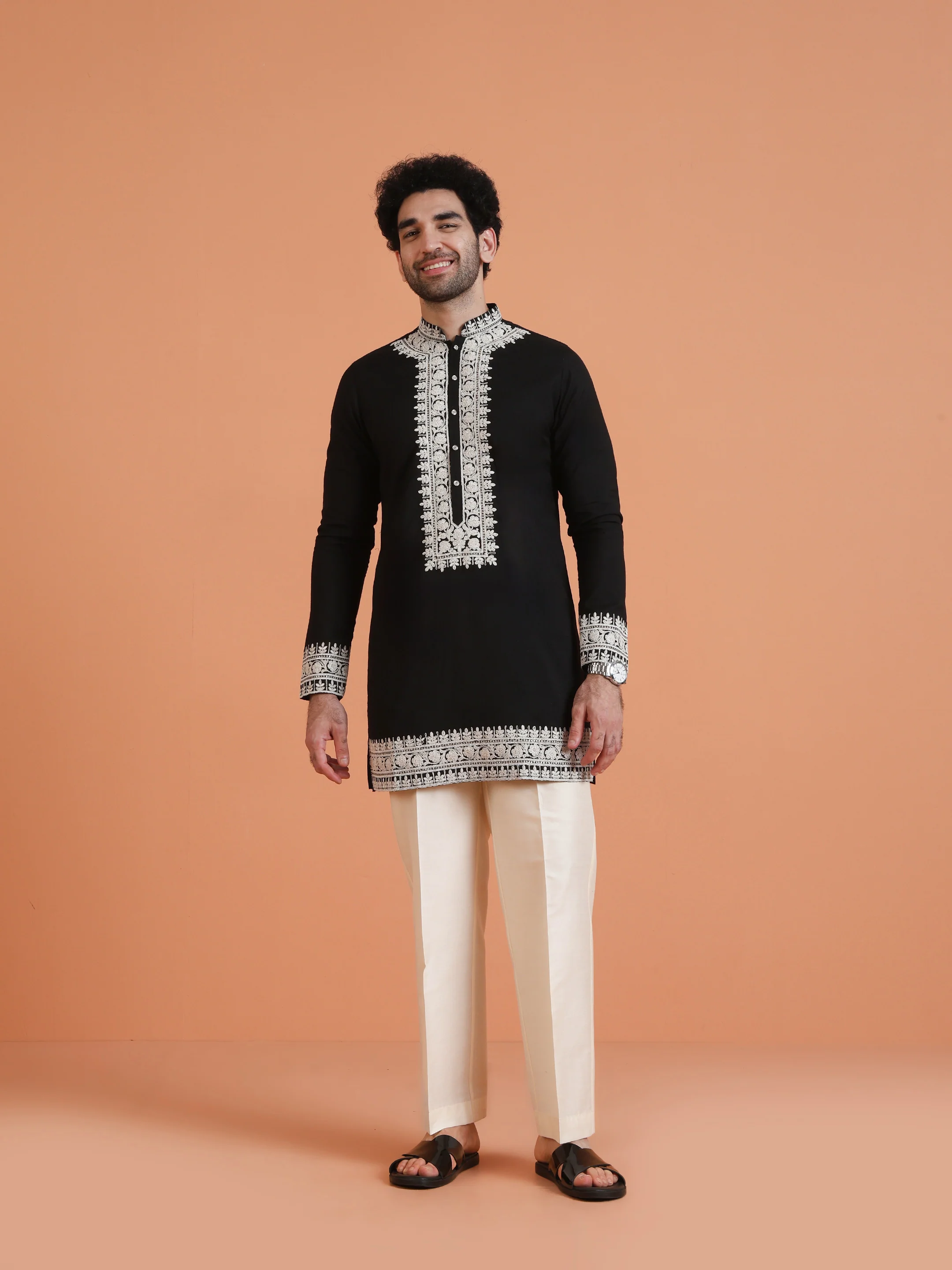 Black Cotton Silk Embroidered Mid Kurta - Image 7