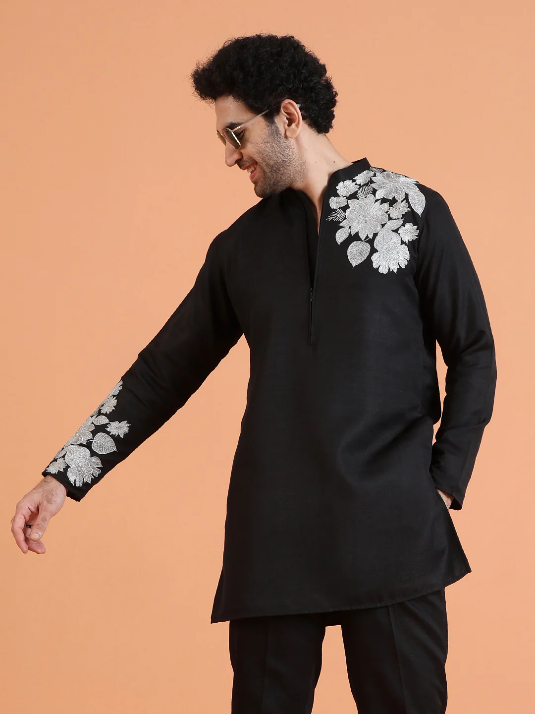 Black Cotton Silk Floral Embroidered Kurta