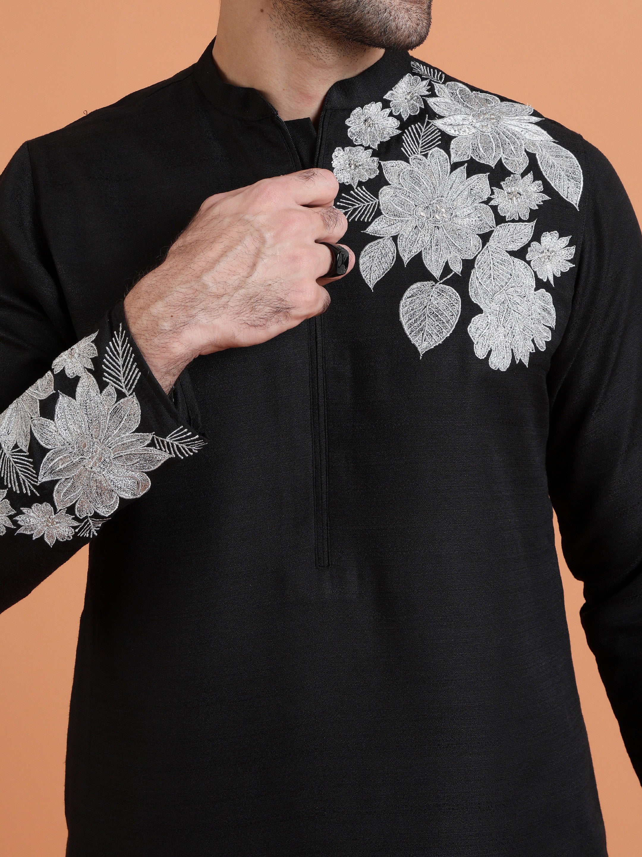 Black Cotton Silk Floral Embroidered Kurta - Image 5