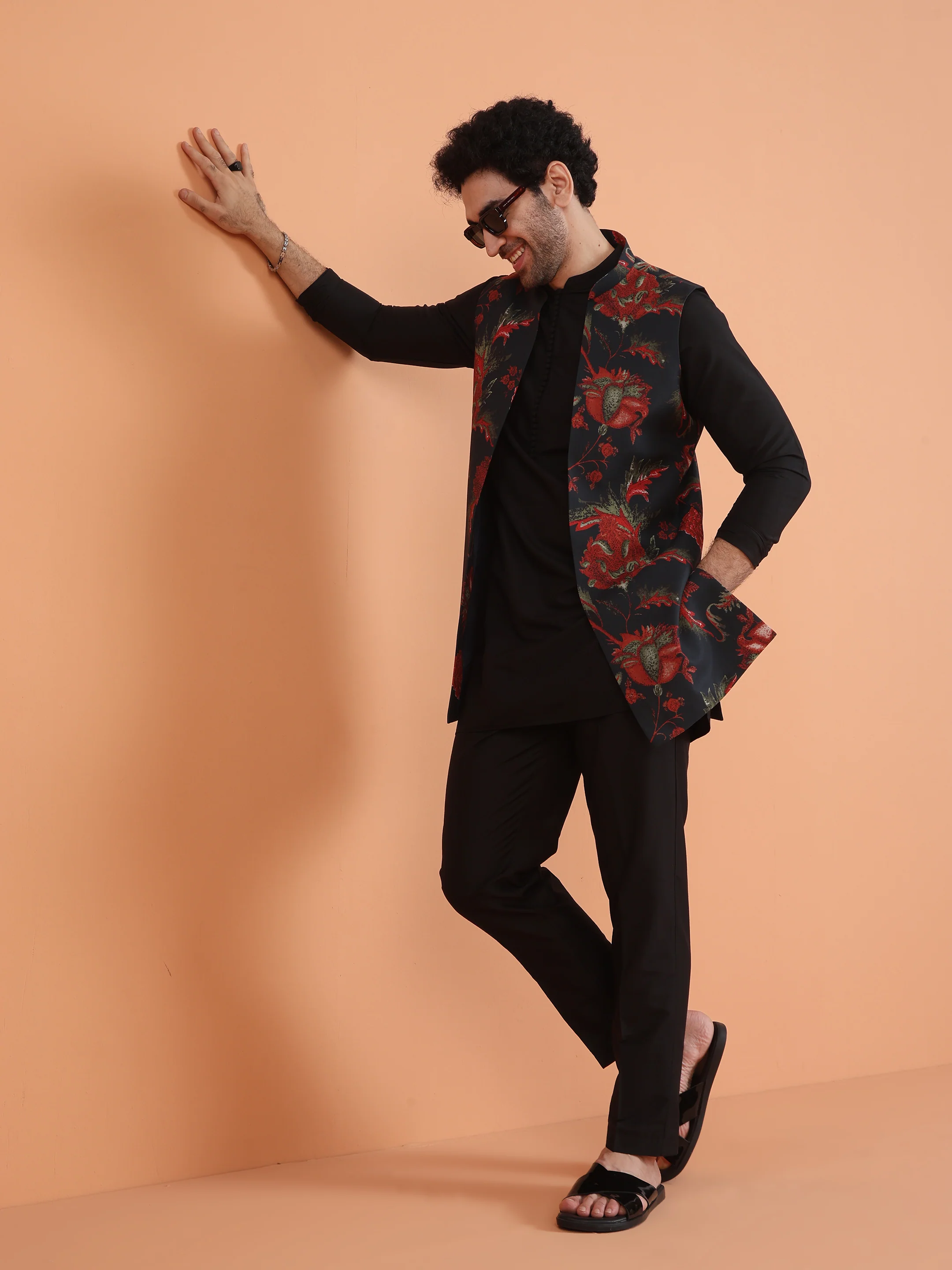 Black Cotton Silk Floral Jacket Mid Kurta Trouser Set