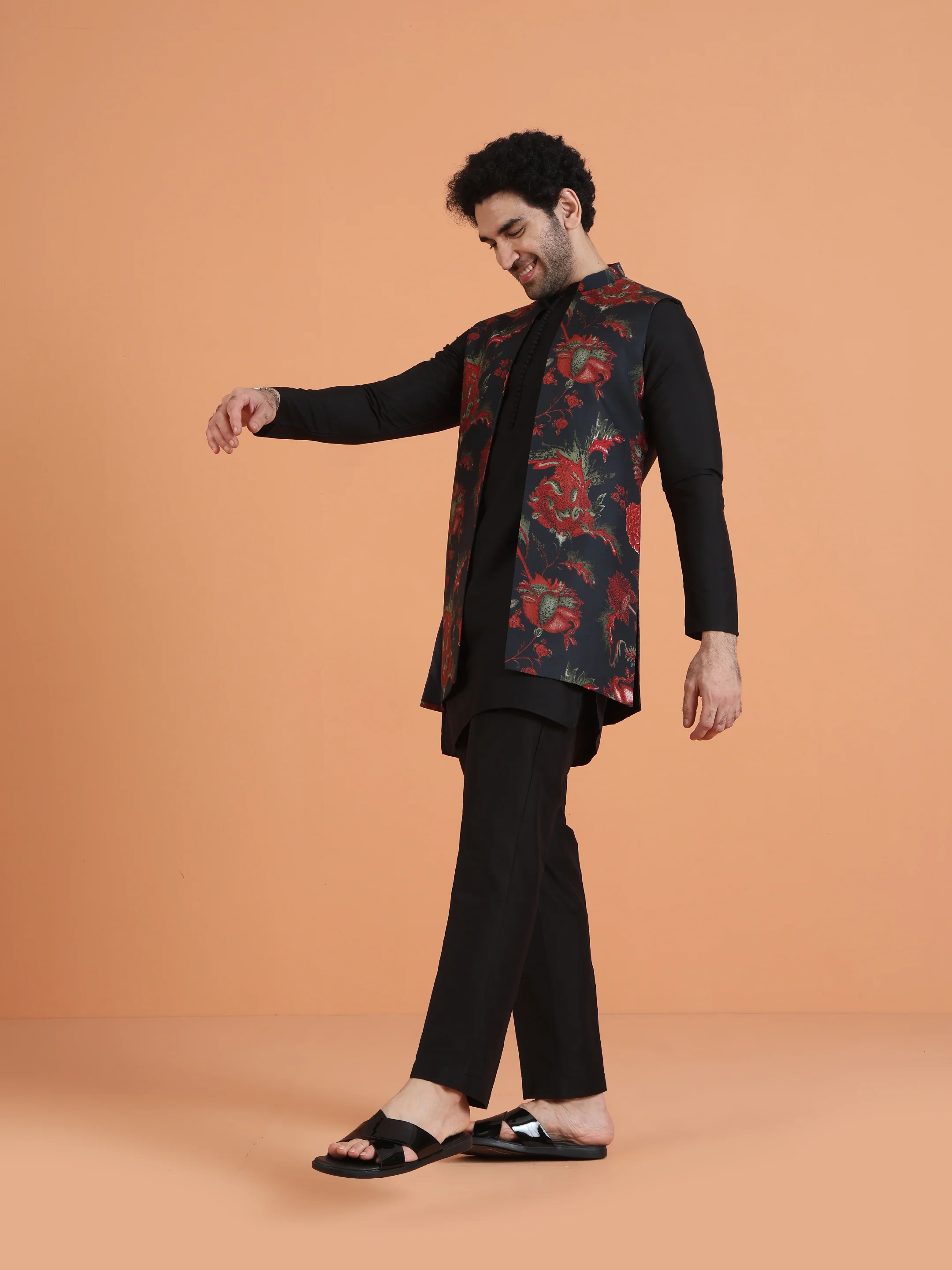 Black Cotton Silk Floral Jacket Mid Kurta Trouser Set - Image 2
