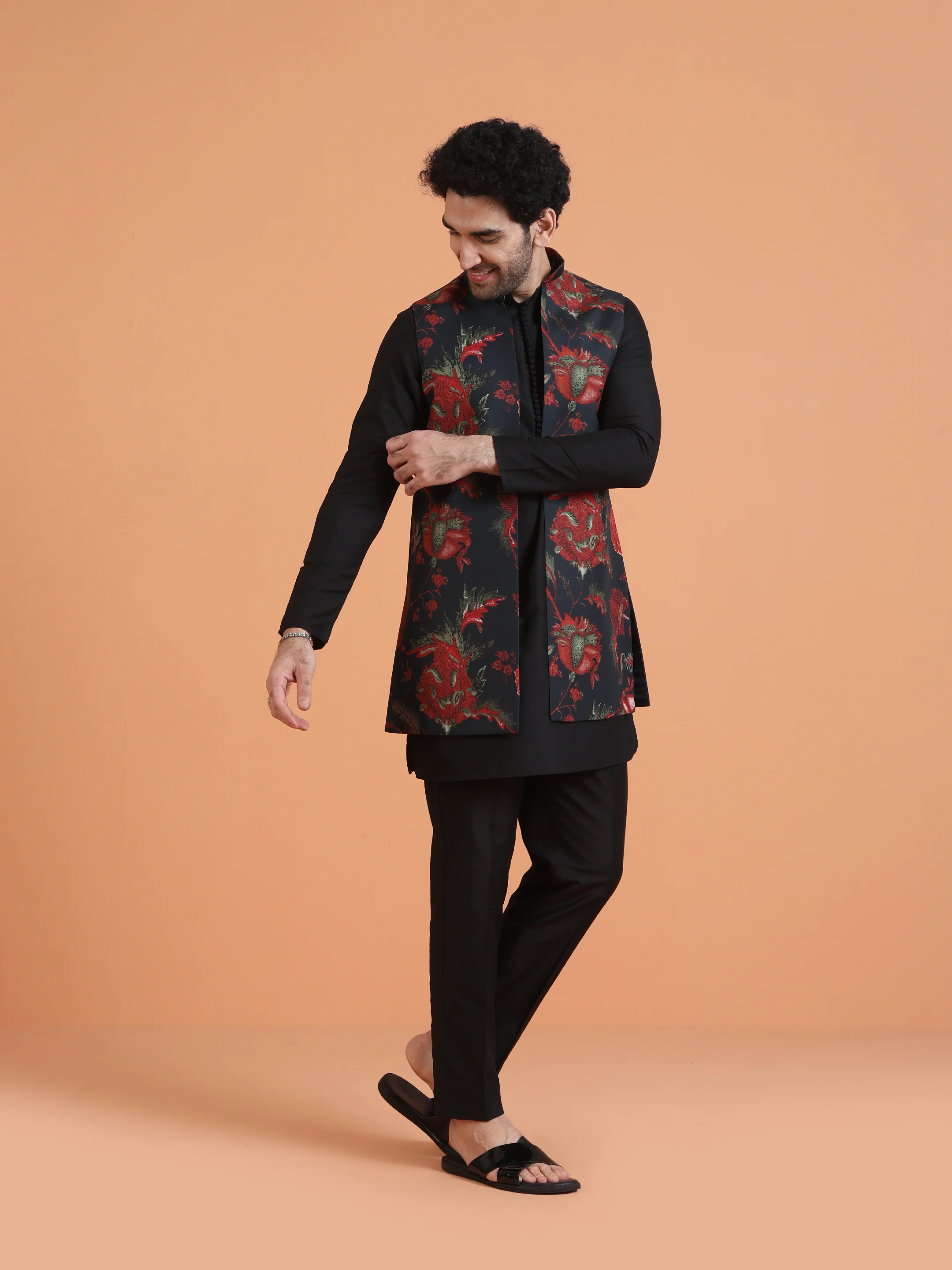 Black Cotton Silk Floral Jacket Mid Kurta Trouser Set - Image 3