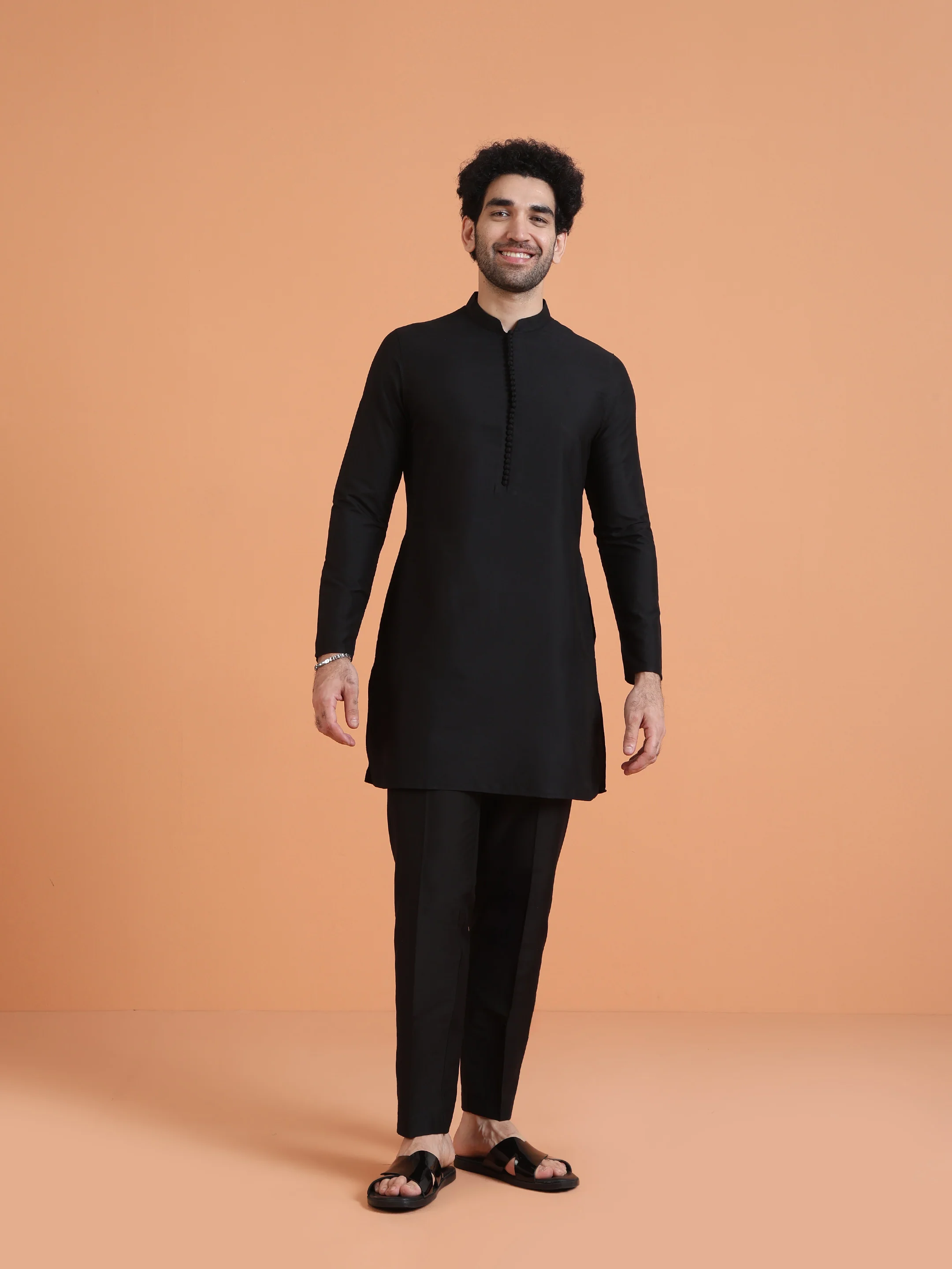 Black Cotton Silk Floral Jacket Mid Kurta Trouser Set - Image 7