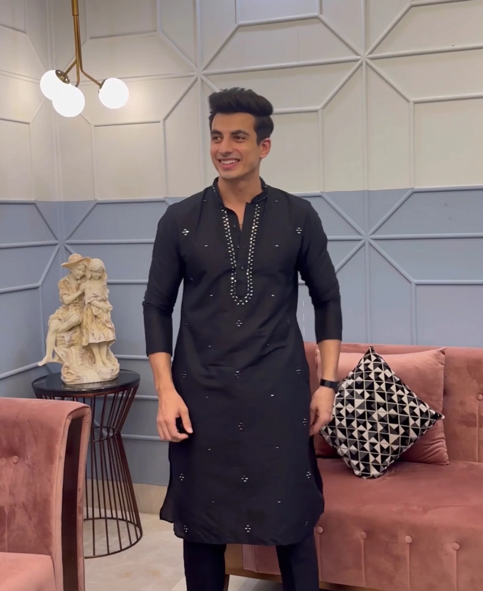 Black Cotton Silk Mirror Work Kurta