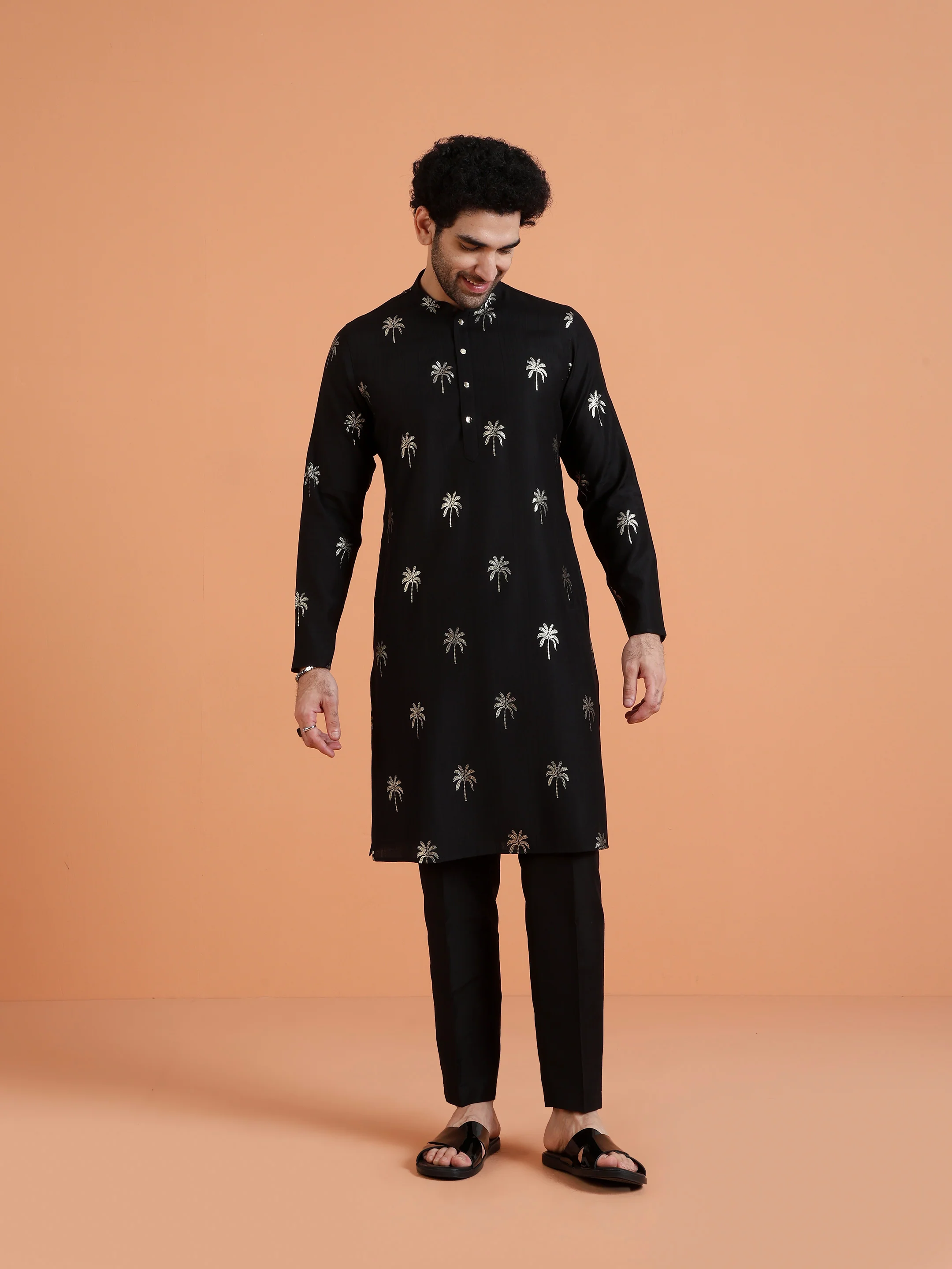 Black Cotton Silk Printed Kurta - Image 3