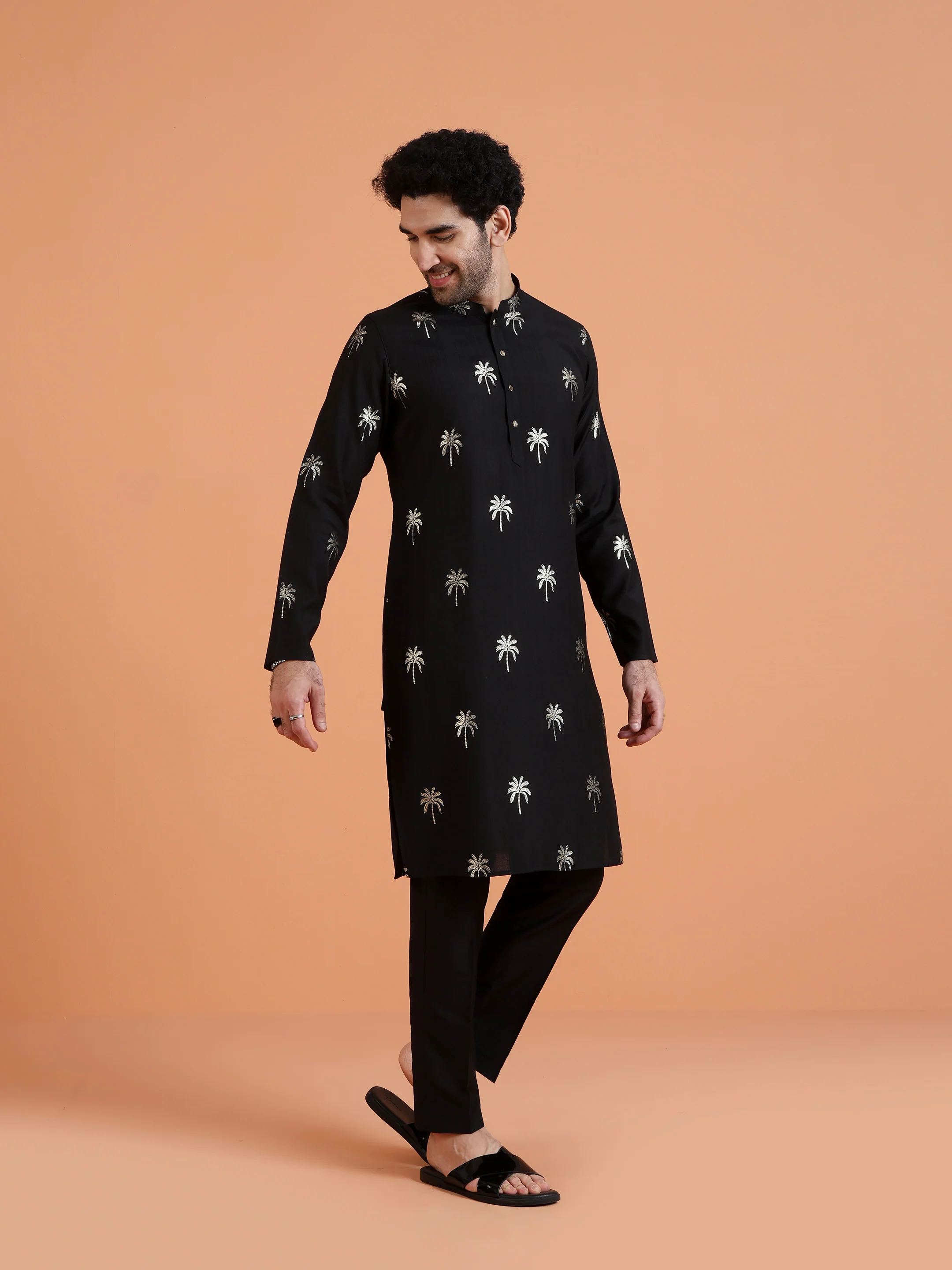 Black Cotton Silk Printed Kurta - Image 6