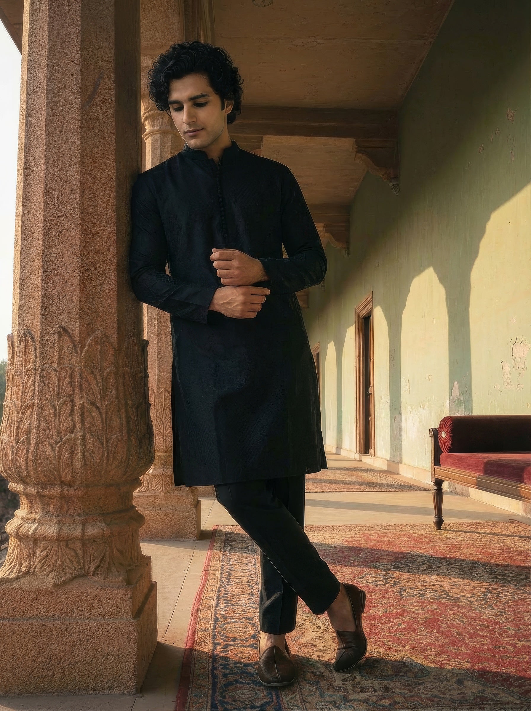 Black Cotton Textured Kurta