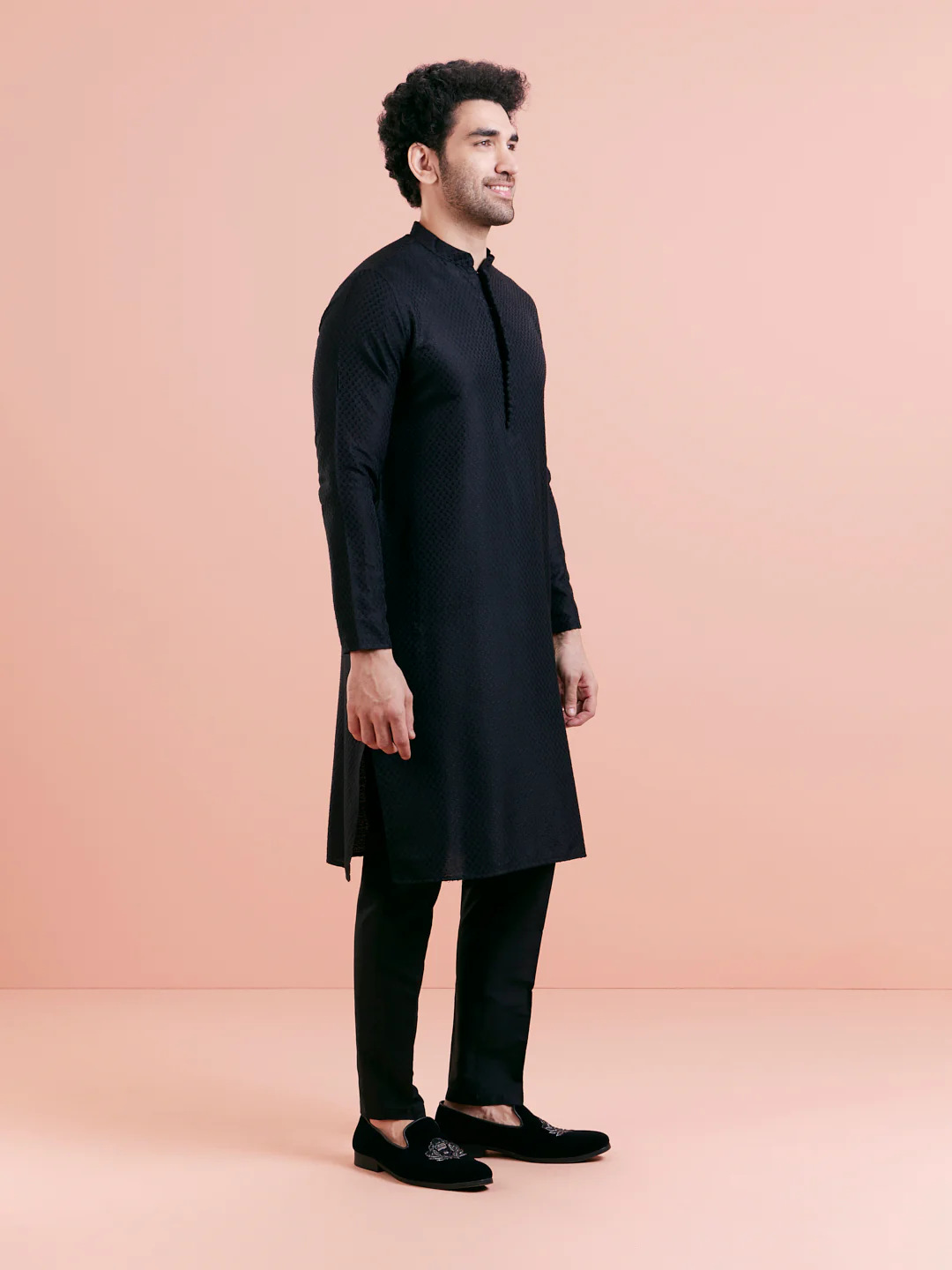 Black Cotton Textured Kurta - Image 2
