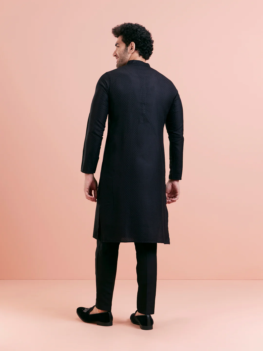 Black Cotton Textured Kurta - Image 4