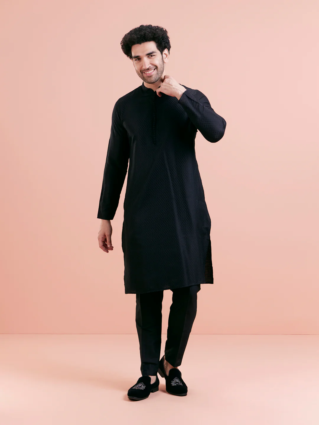 Black Cotton Textured Kurta - Image 6