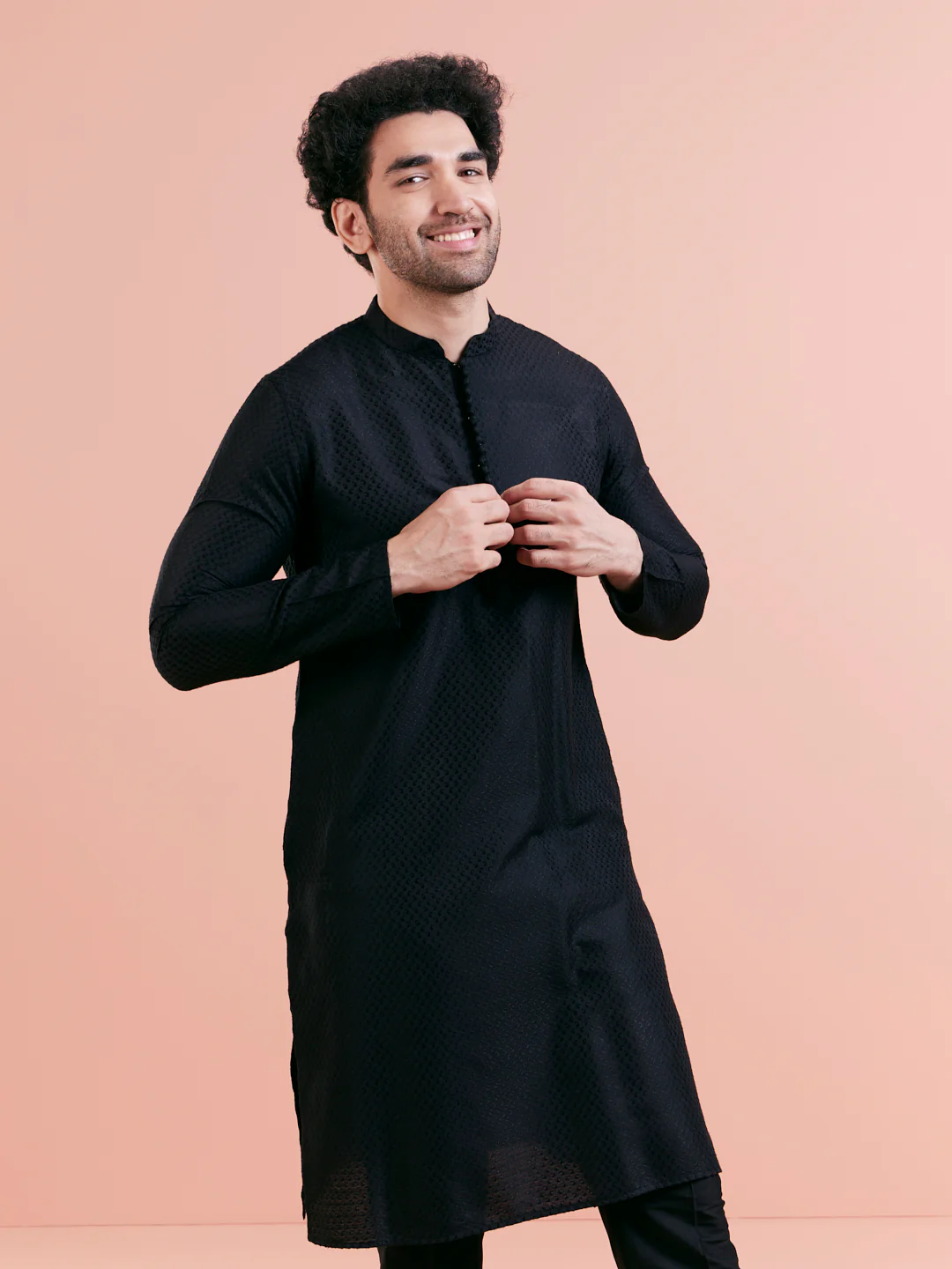 Black Cotton Textured Kurta - Image 8