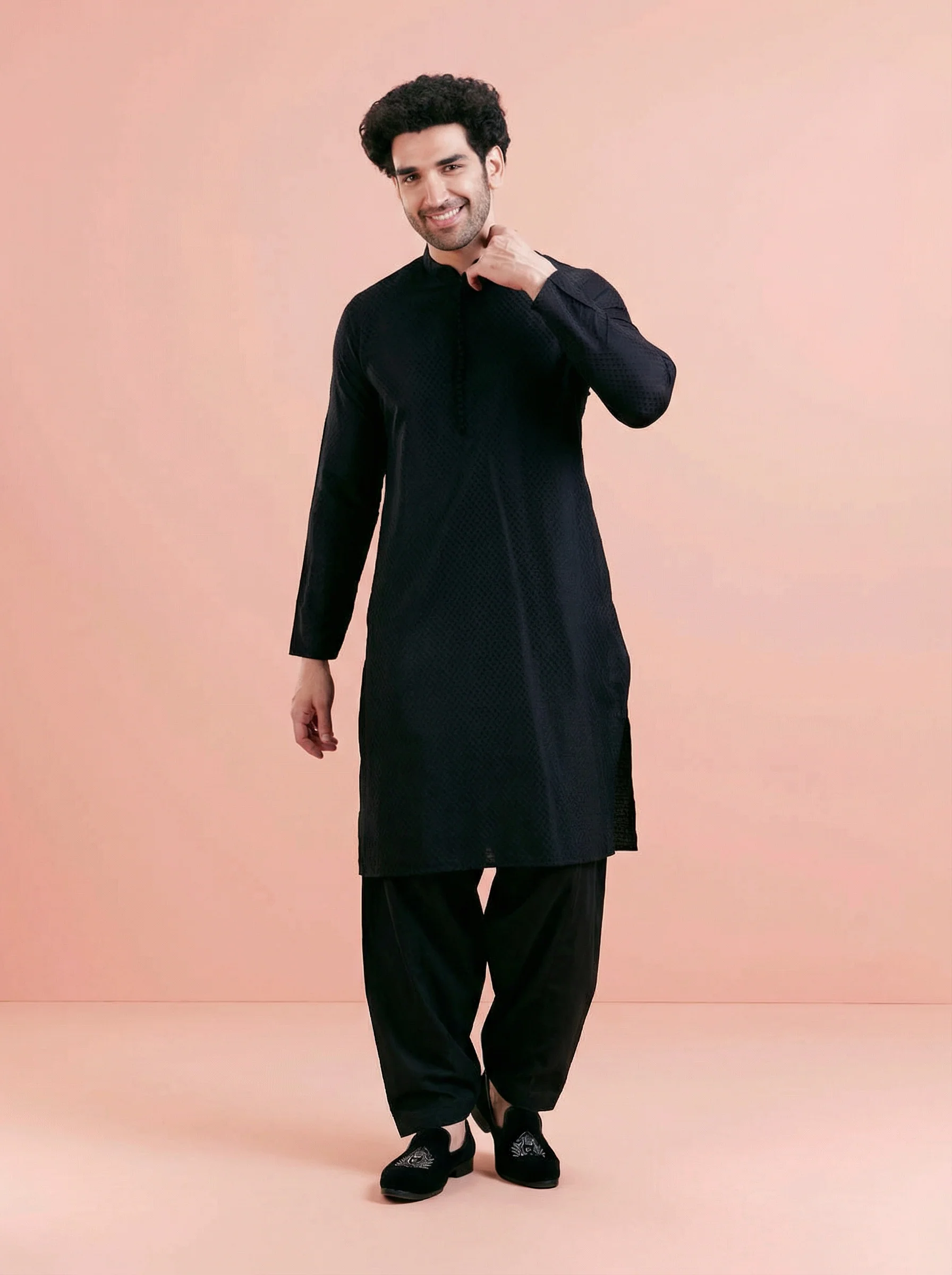 Black Cotton Textured Kurta Patiyala Set - Image 7