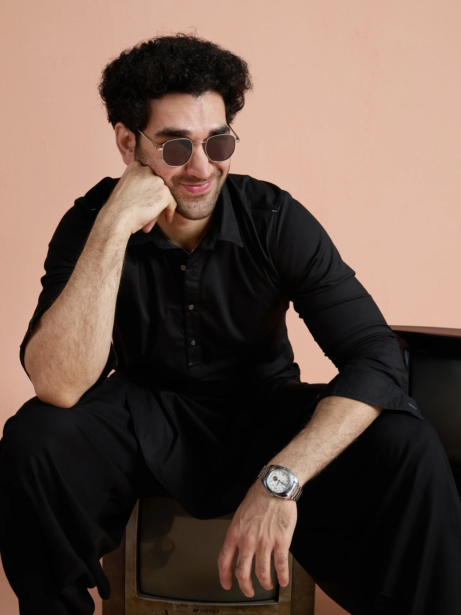 Black Denim Solid Pathani Kurta - Image 2