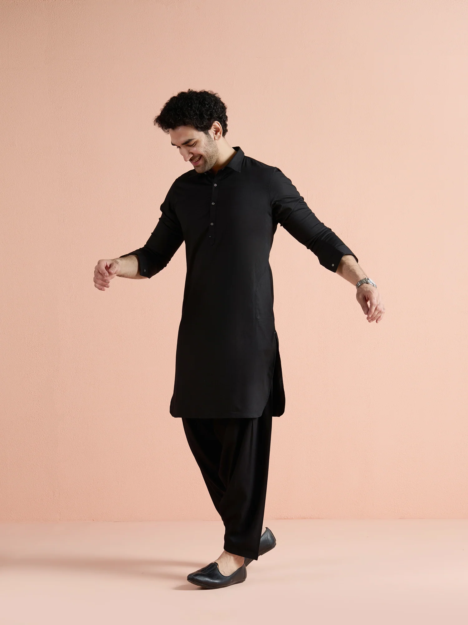 Black Denim Solid Pathani Kurta - Image 4