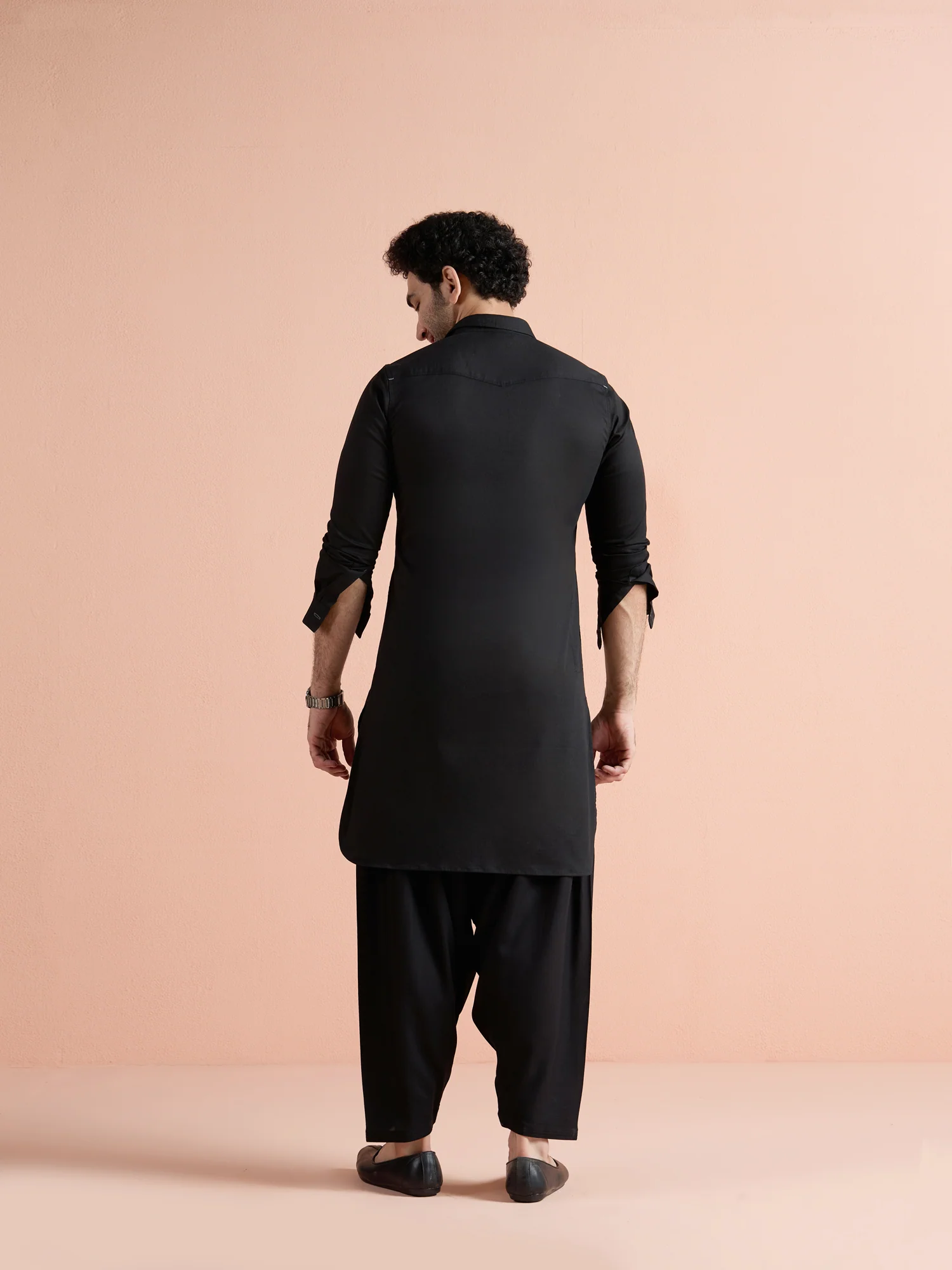 Black Denim Solid Pathani Kurta - Image 5