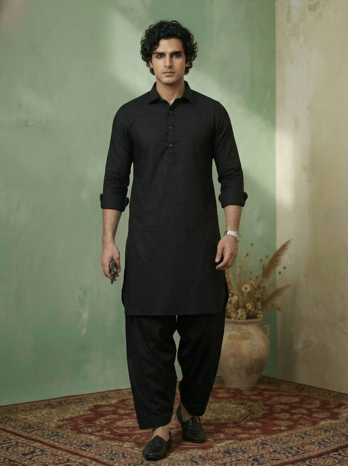 Black Denim Solid Pathani Kurta Patiyala Set