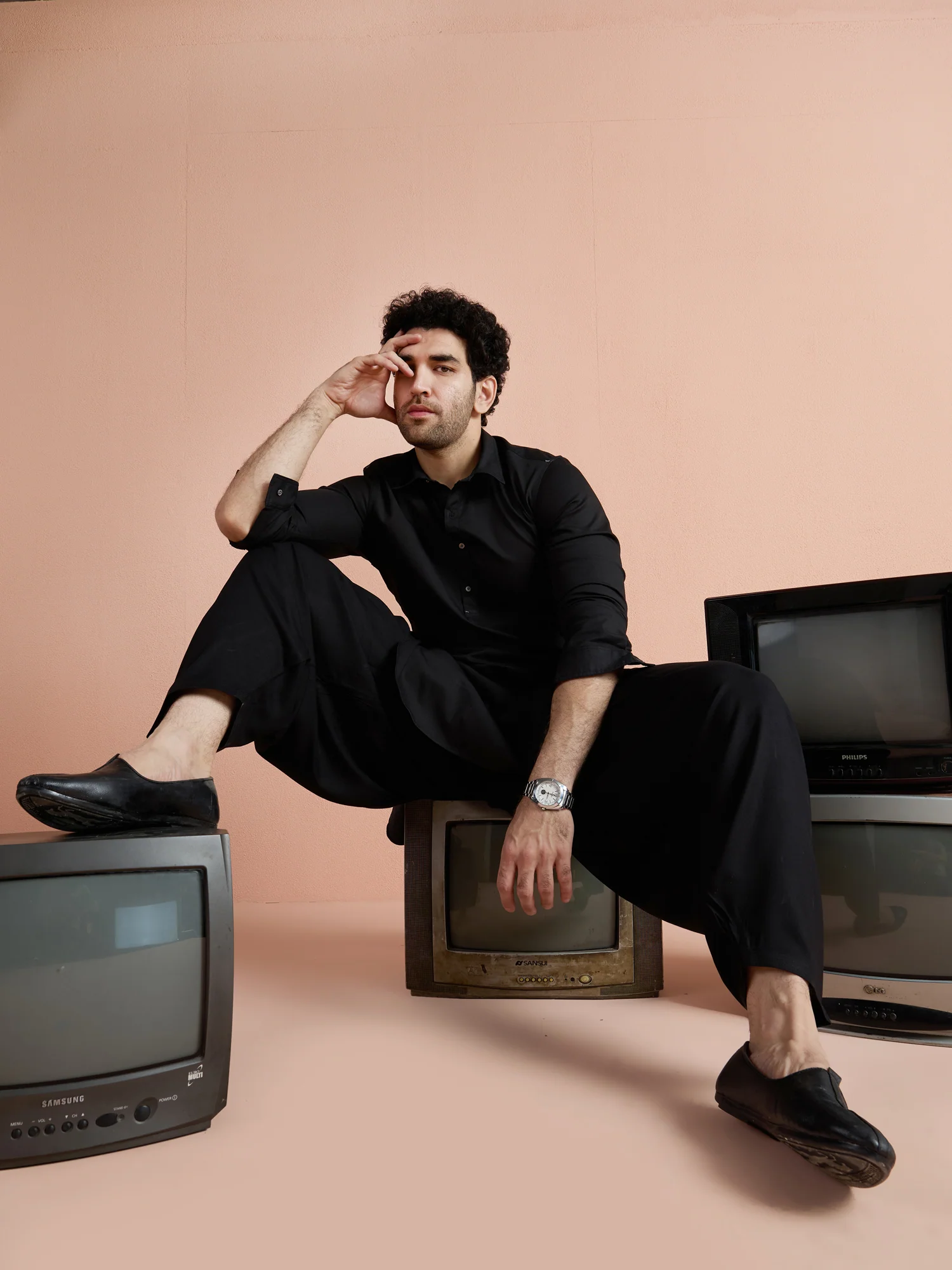 Black Denim Solid Pathani Kurta Patiyala Set - Image 10