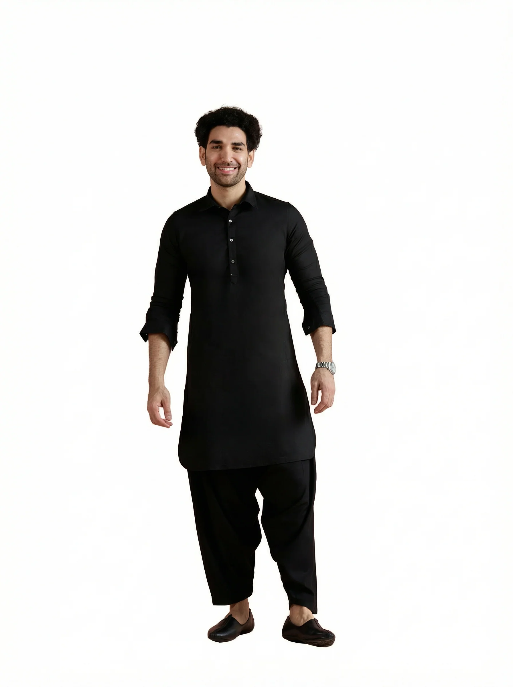 Black Denim Solid Pathani Kurta Patiyala Set - Image 12