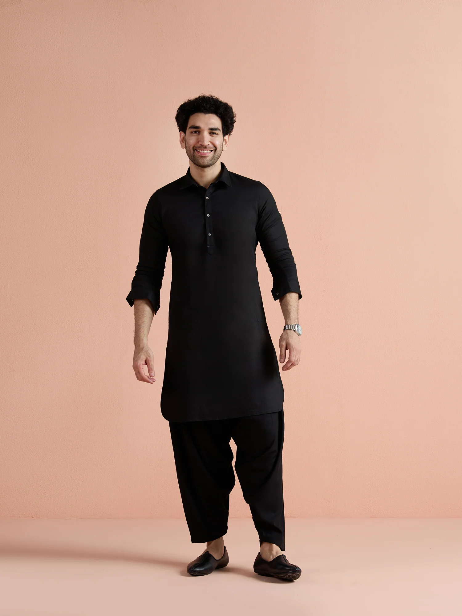 Black Denim Solid Pathani Kurta Patiyala Set - Image 2