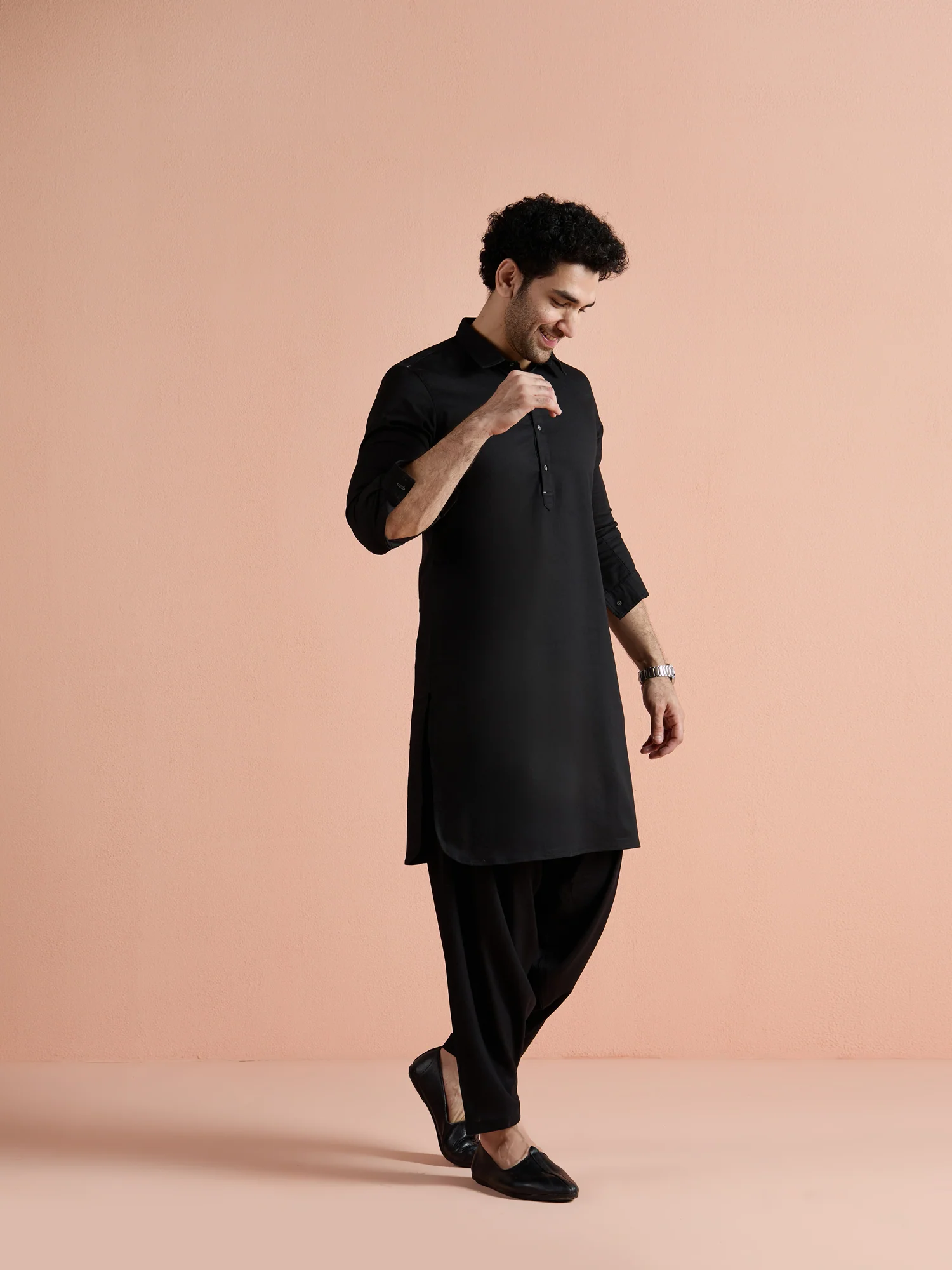 Black Denim Solid Pathani Kurta Patiyala Set - Image 3