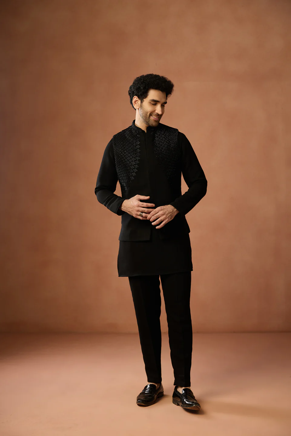 Black Embellished Jacket Kurta Set