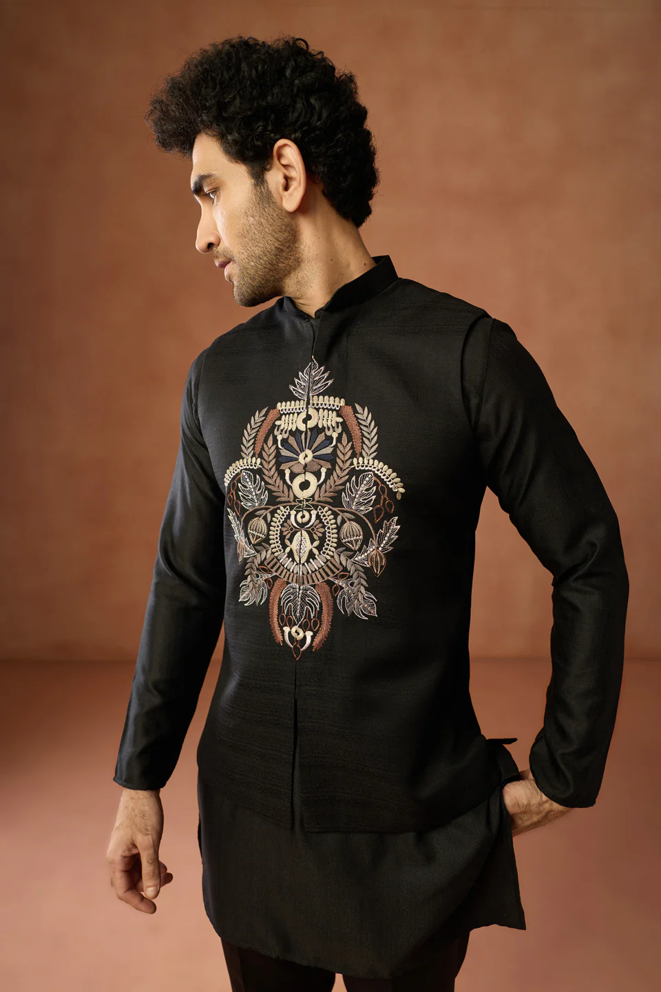Black Embroidered Bandhgala Jacket – Minimalistic Festive Layer