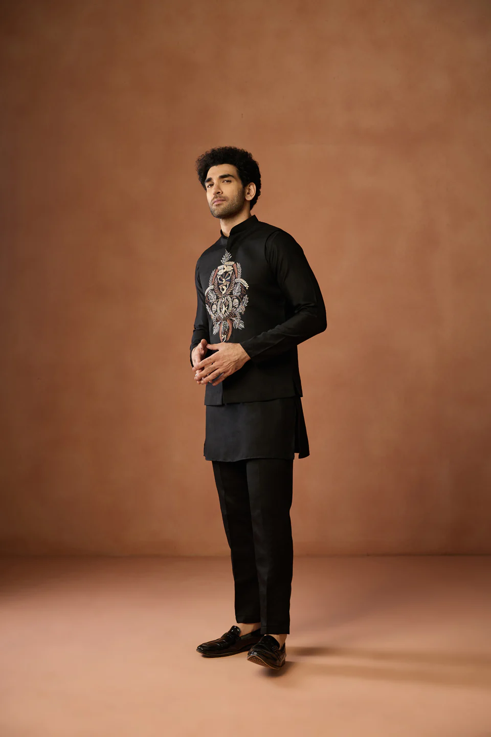 Black Embroidered Bandhgala Jacket – Minimalistic Festive Layer - Image 2