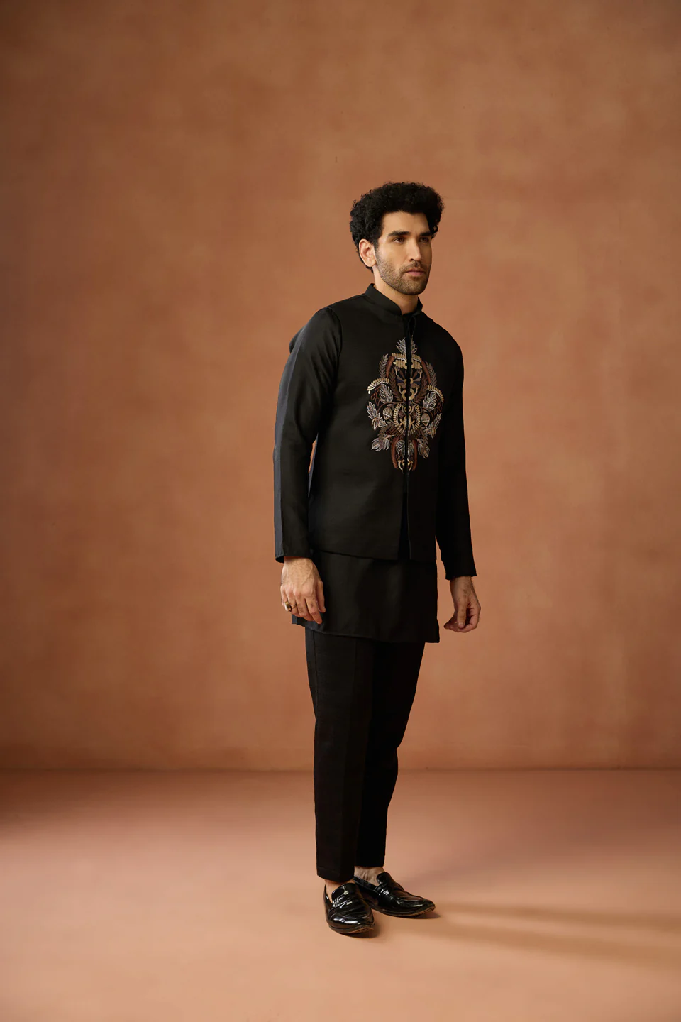Black Embroidered Jacket Kurta Trouser Set - Image 3