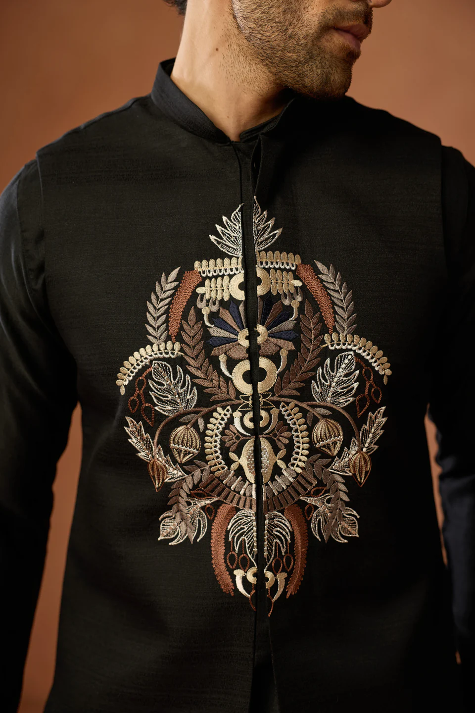 Black Embroidered Jacket Kurta Trouser Set - Image 5