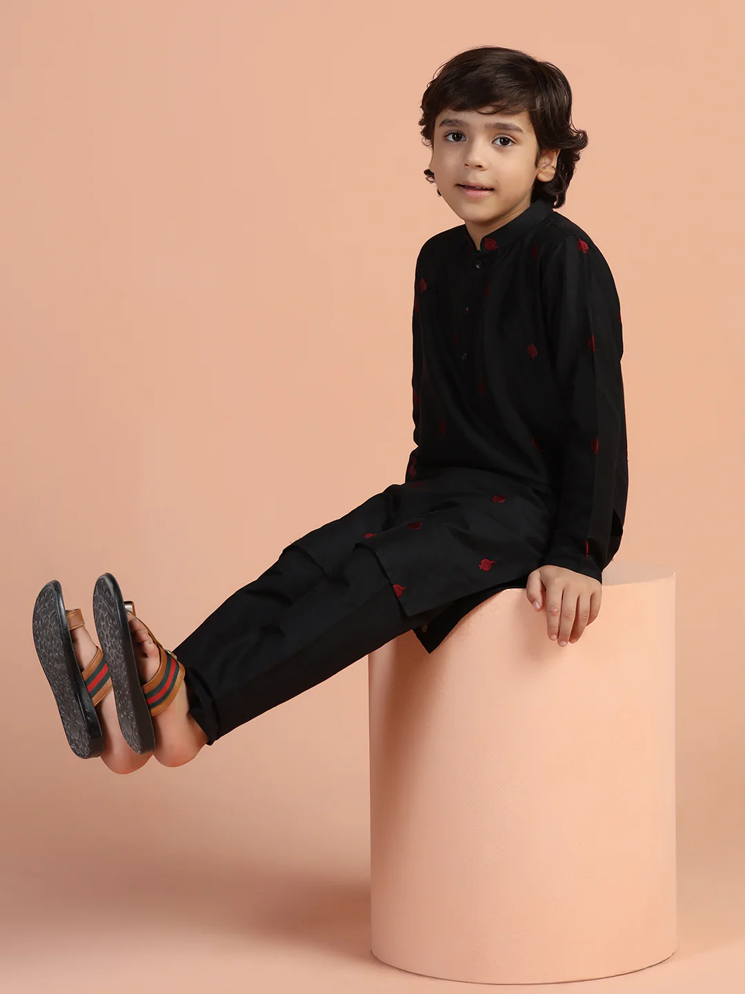 Black Embroidered Kids Kurta Set
