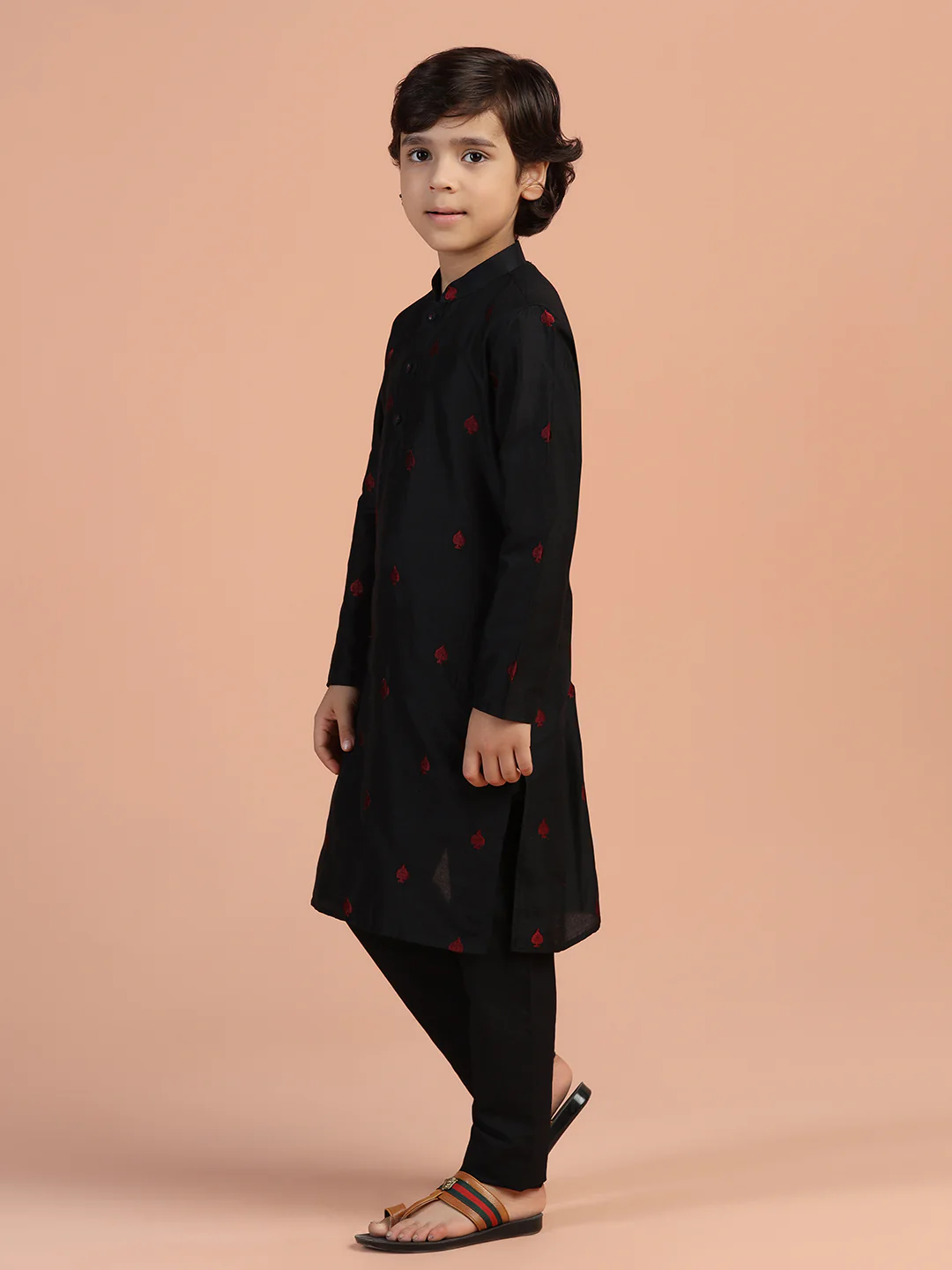 Black Embroidered Kids Kurta Set - Image 2