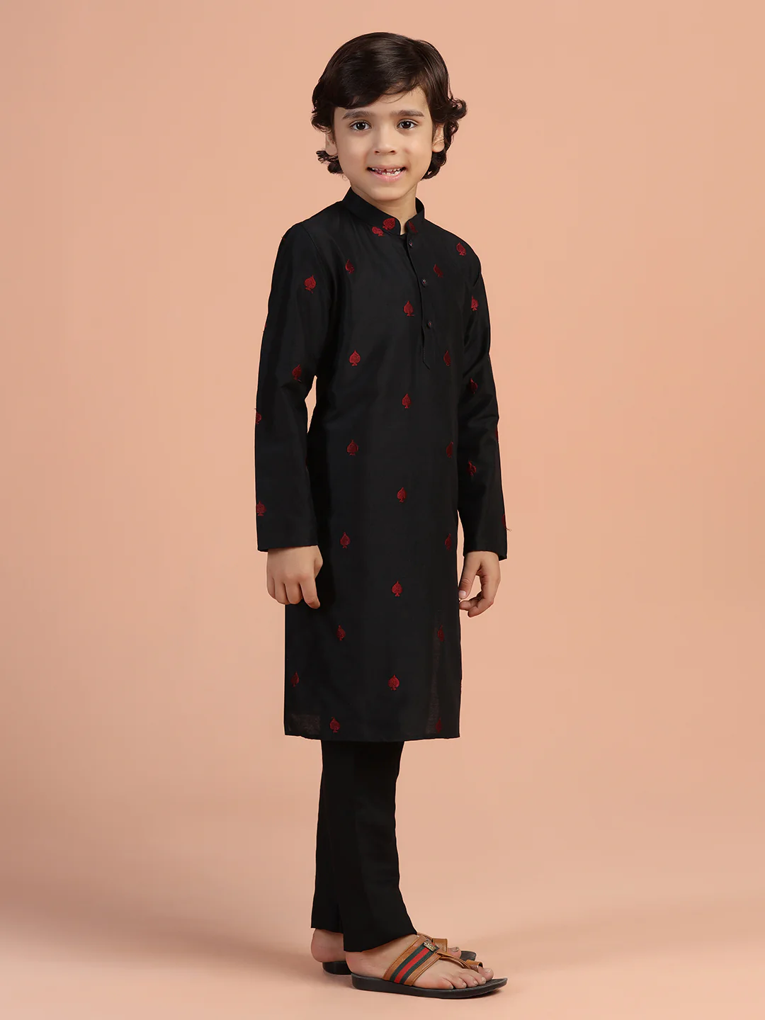 Black Embroidered Kids Kurta Set - Image 3