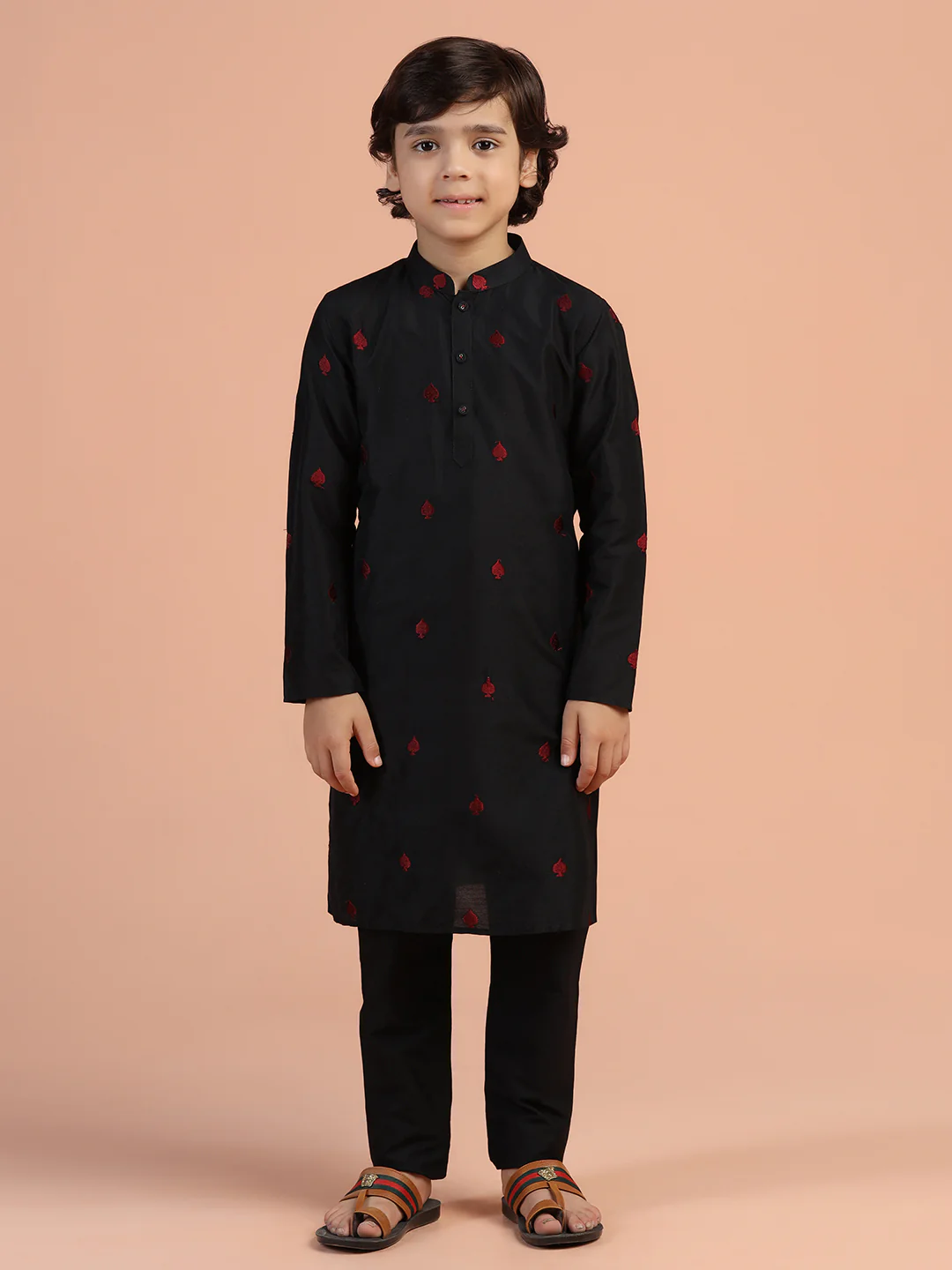 Black Embroidered Kids Kurta Set - Image 7