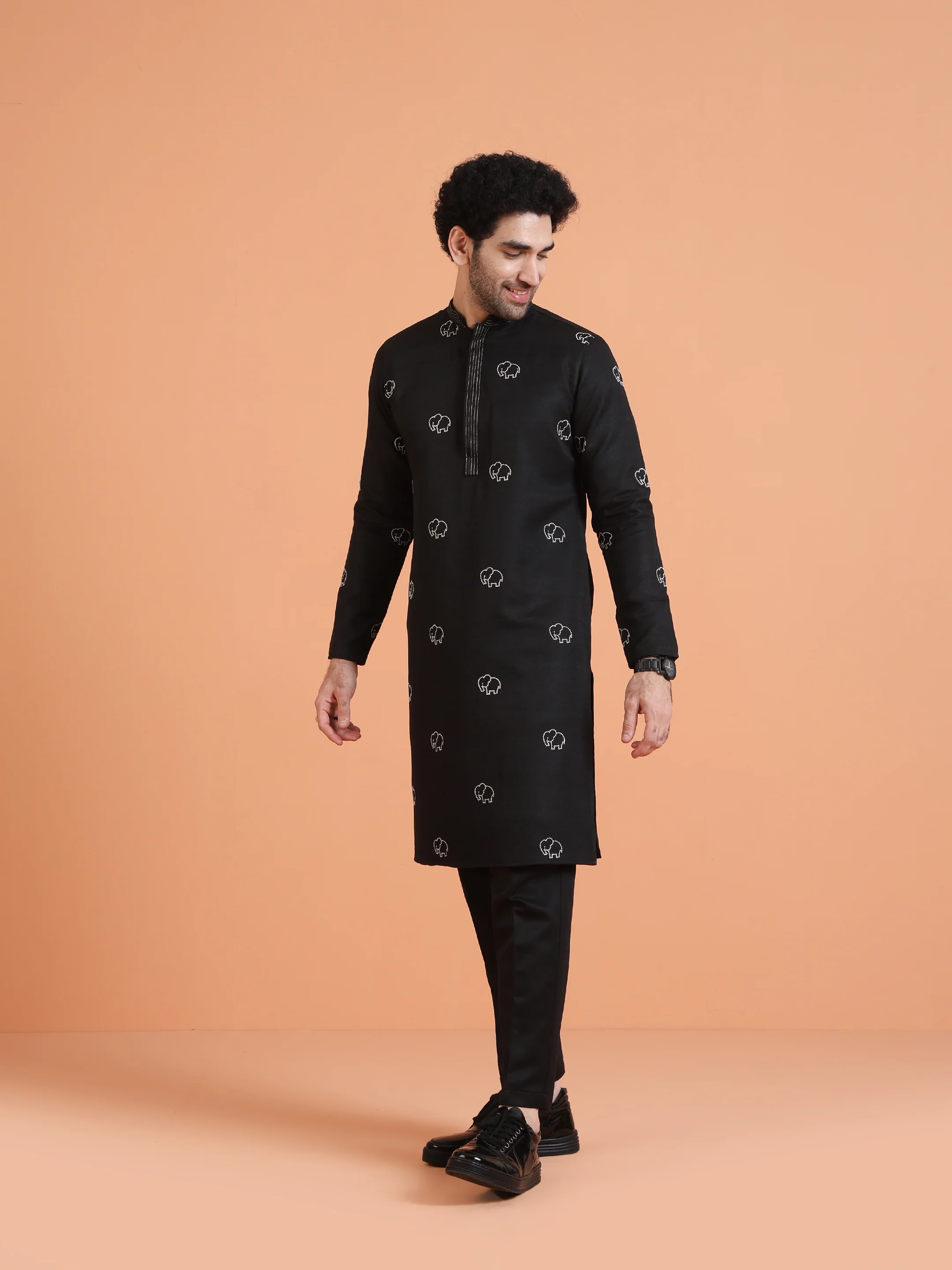 Black Embroidered Kurta with Black Trouser Set - Image 2