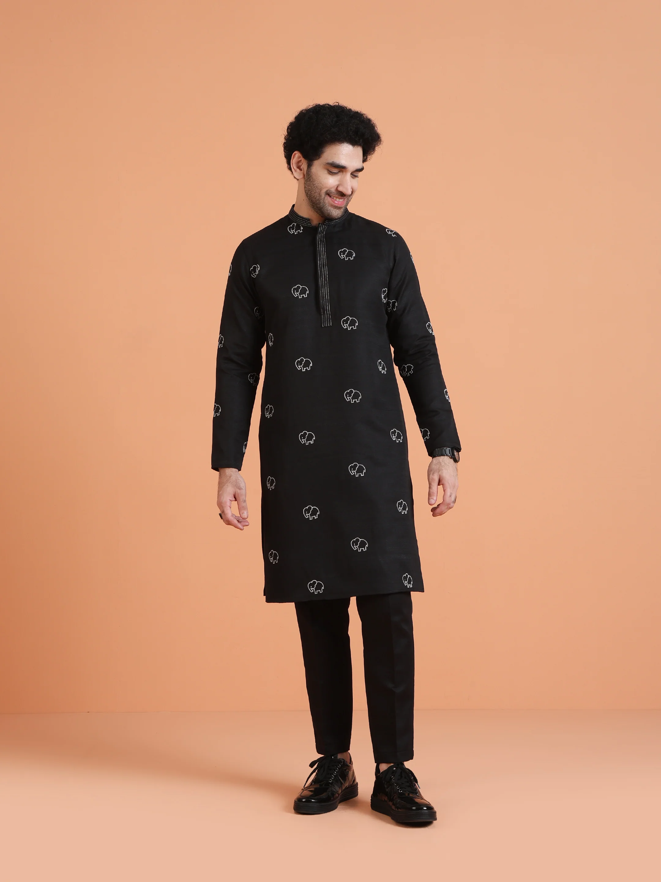 Black Embroidered Kurta with Black Trouser Set - Image 3