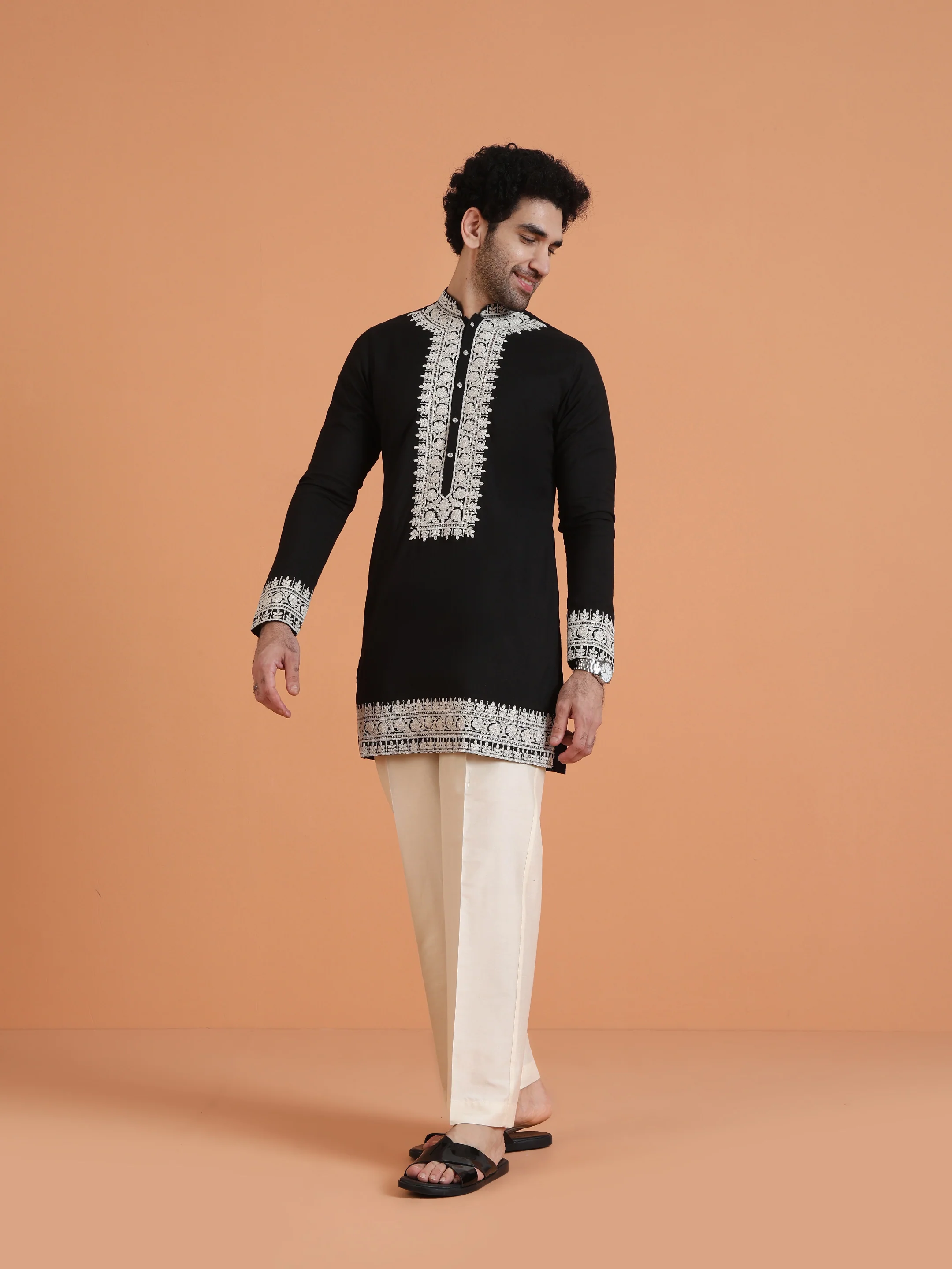Black Embroidered Kurta with Cream Trouser Set - Image 2