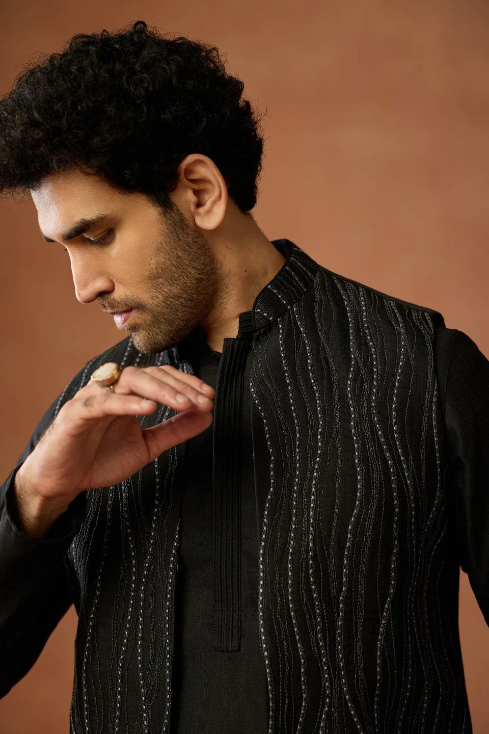 Black Embroidered Long Jacket Kurta Trouser Set - Image 5
