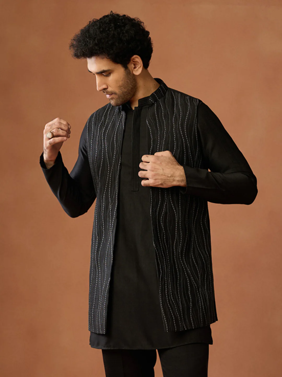 Black Embroidered Long Jacket Kurta Trouser Set - Image 9